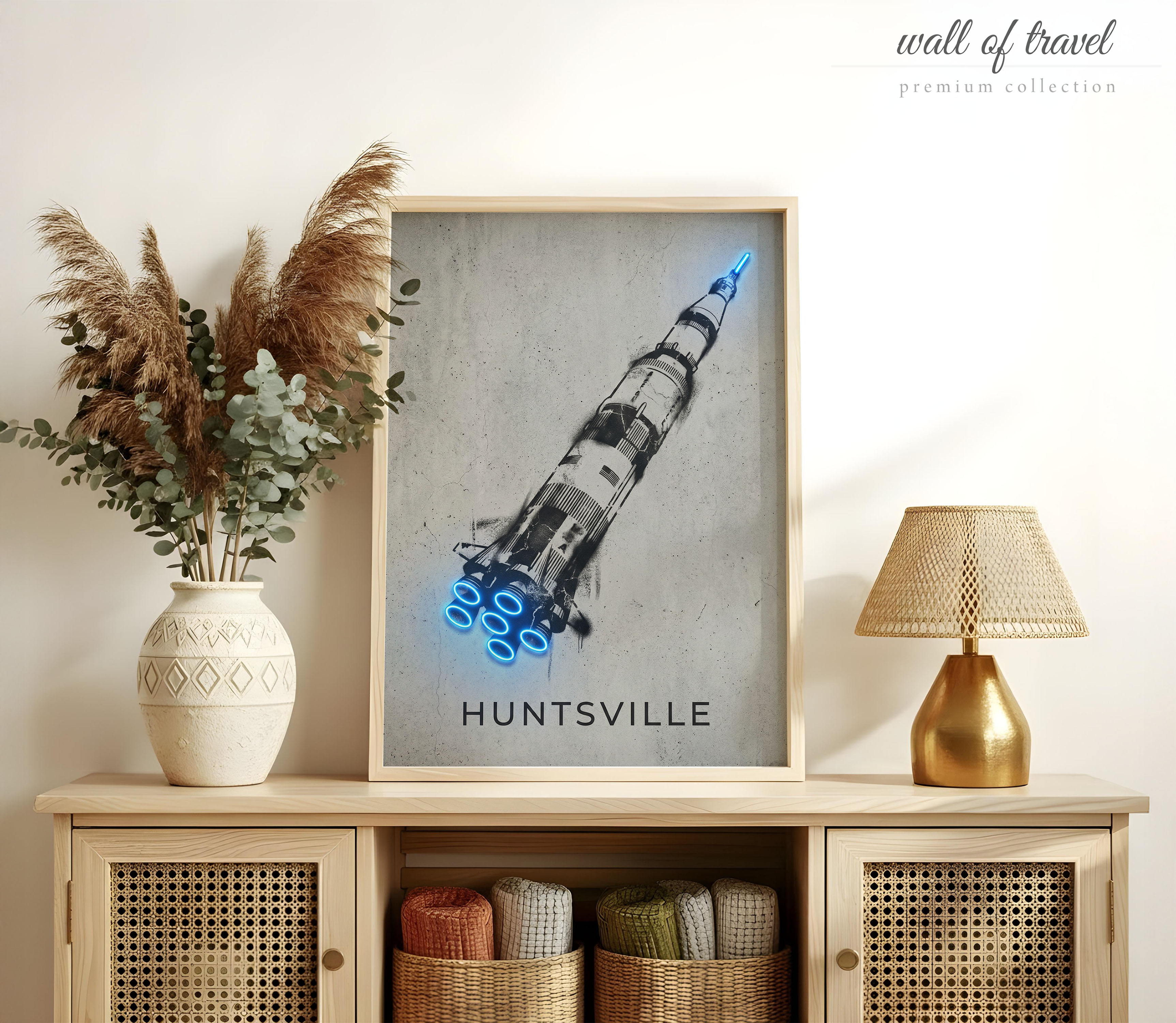 Huntsville Alabama Saturn V Rocket Art, Canvas or Poster, Graffiti Pop Art Decor, Office Game Room Living Room Wall Art, Blue Black Grey