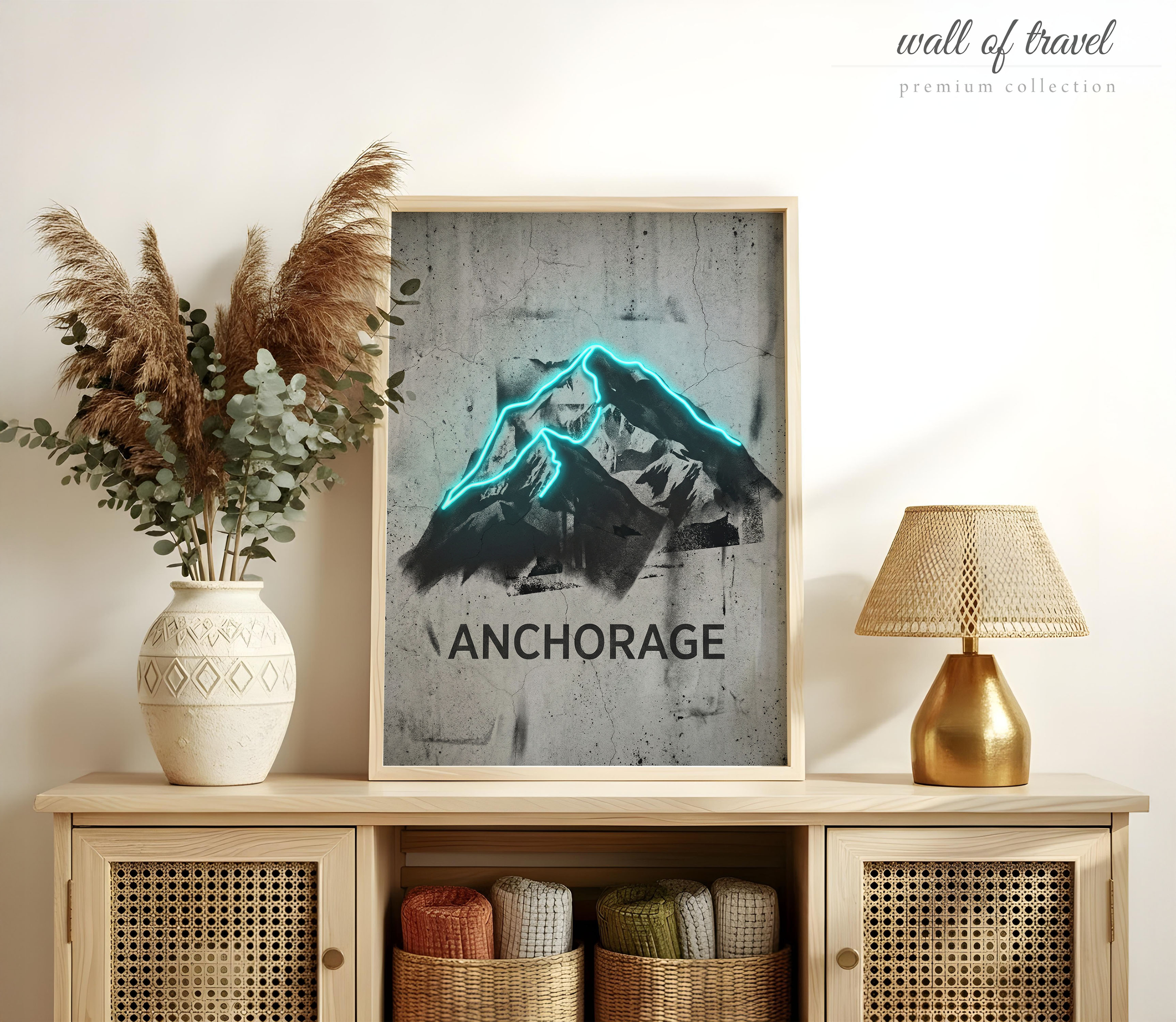 Anchorage Alaska Mountain Ranges Art, Canvas or Poster, Neon Paint Splash Decor, Living Room Office Entryway Wall Art, Blue Black Grey White