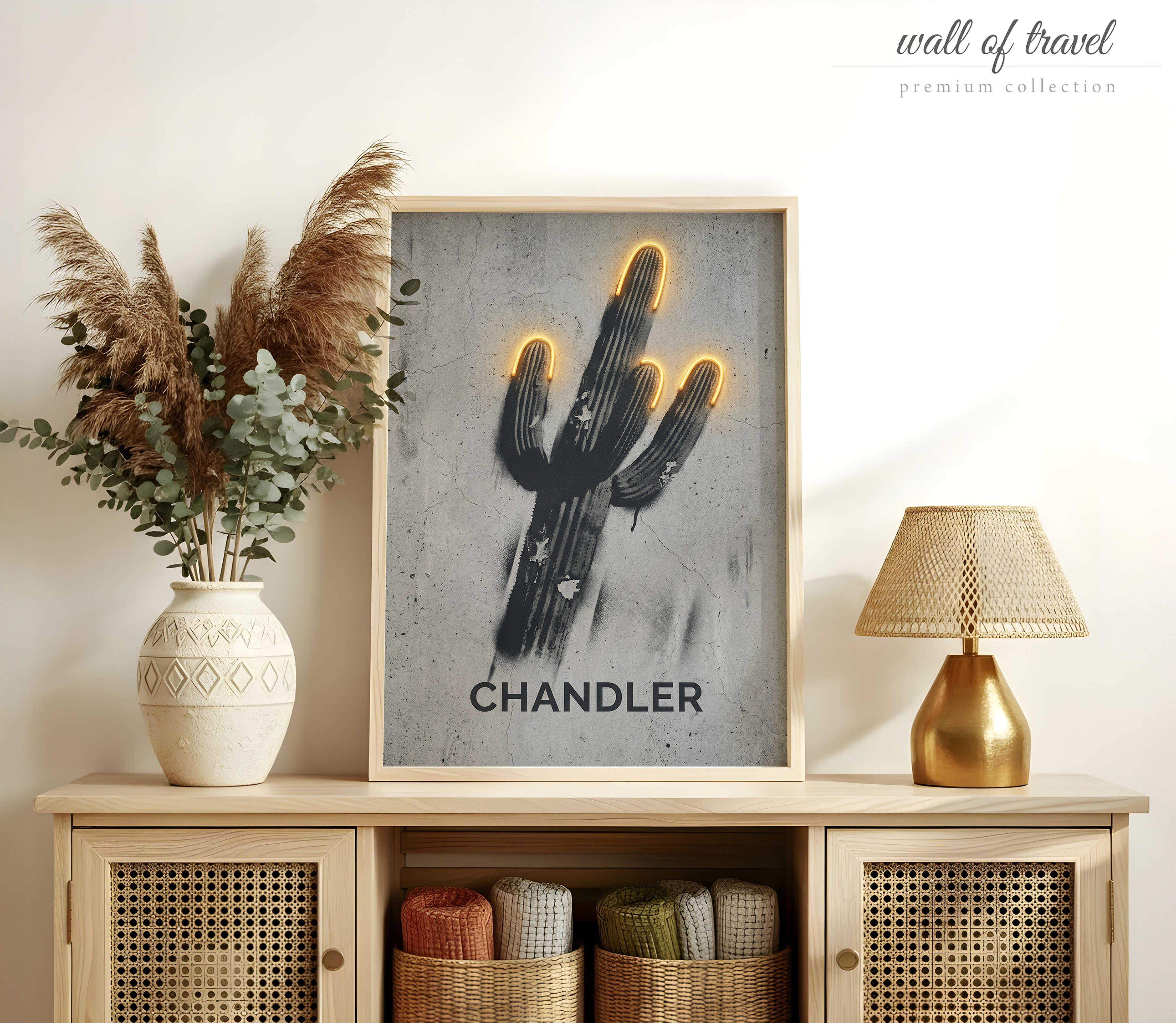 Chandler Arizona Saguaro Cactus Art, Canvas or Poster, Neon Paint Splash Decor, Living Room Office Entryway Wall Art, Black Yellow Grey