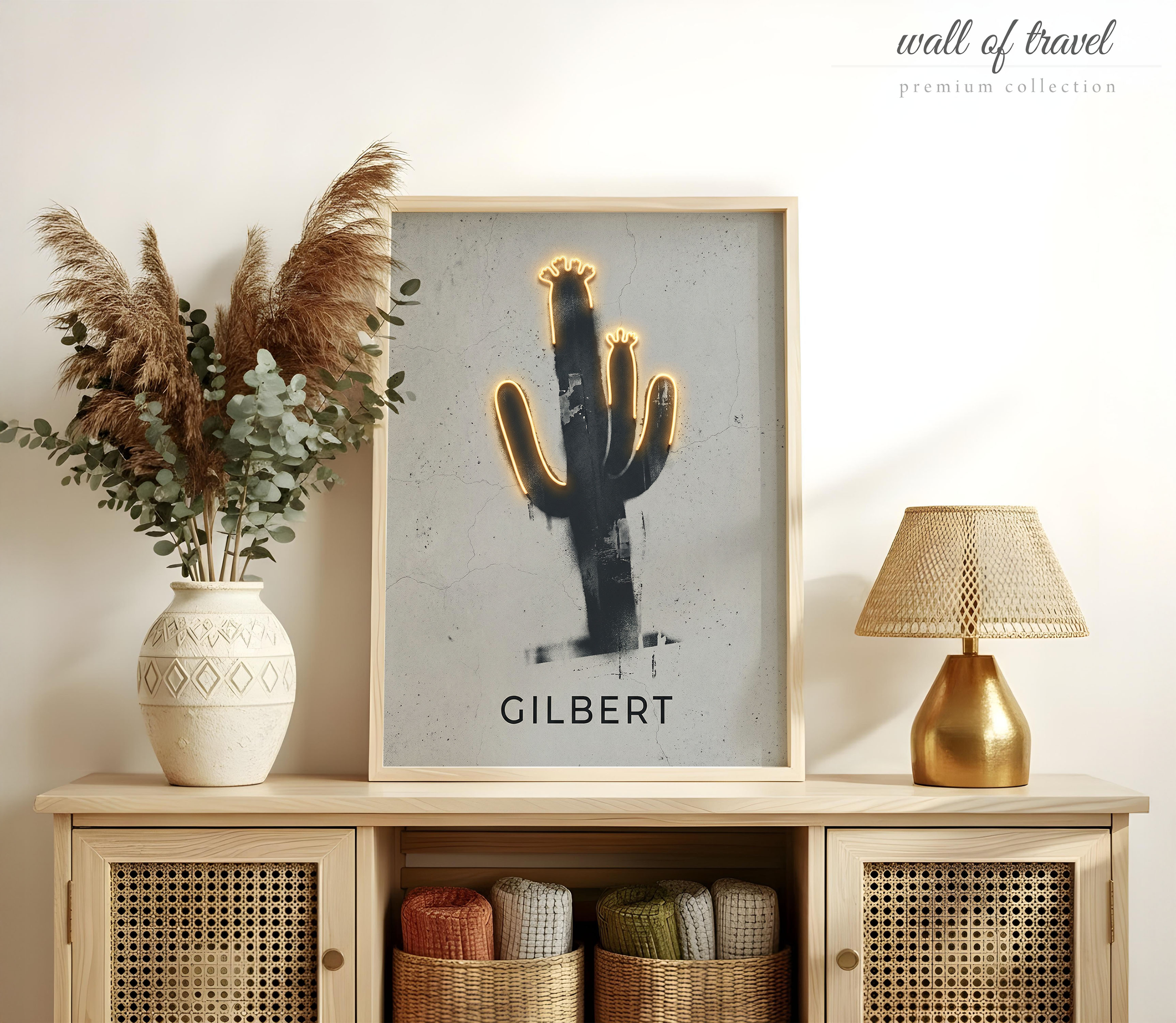 Gilbert Arizona Saguaro Cactus Neon Light Illustration Art, Canvas or Poster, Neon Paint Splash Decor, Home Bar Office Wall Art, Grey Gold