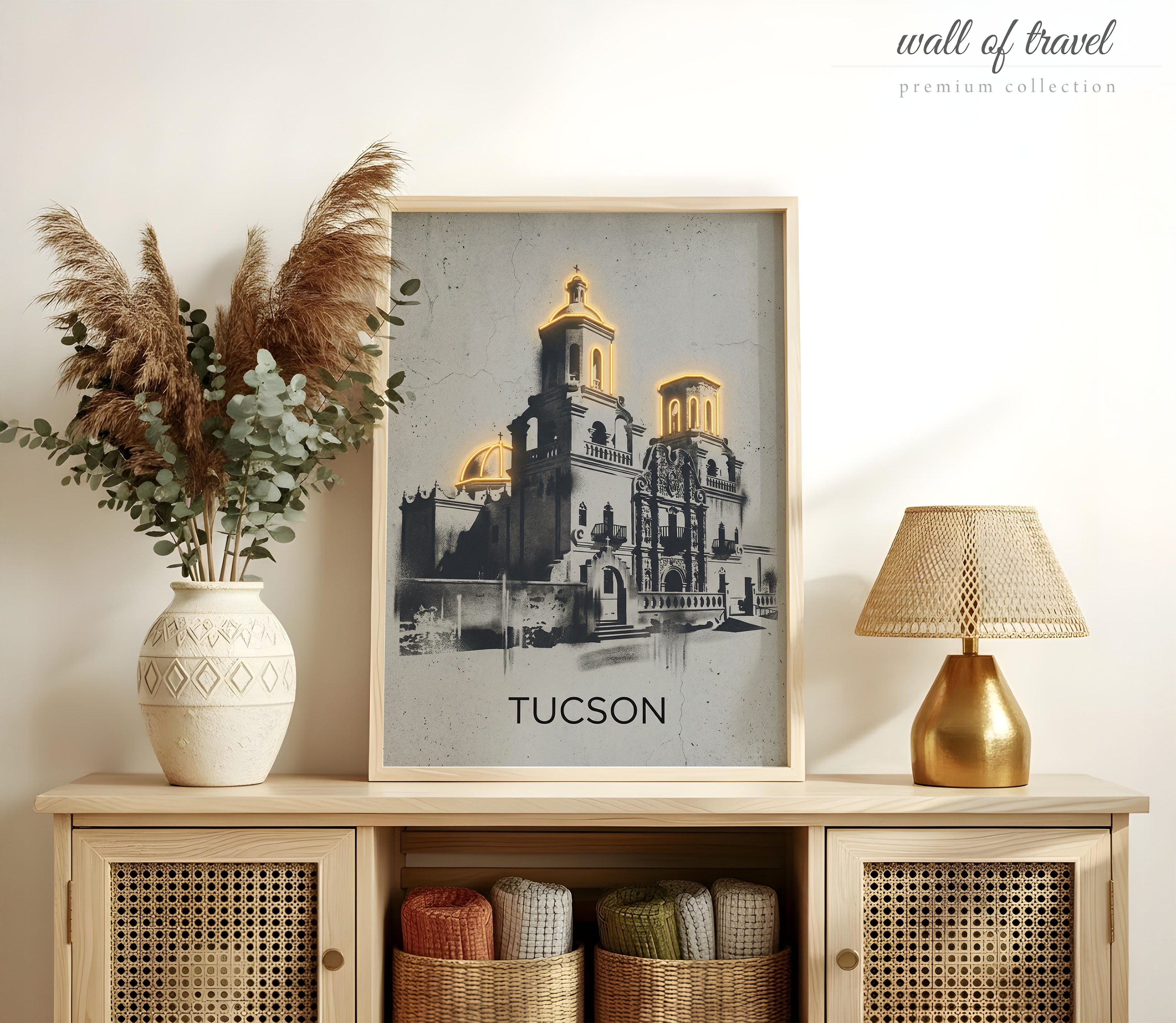 Tucson Arizona Mission San Xavier del Bac Art, Canvas or Poster, Neon Paint Splash Decor, Living Room Office Entryway Wall Art, Gold Grey