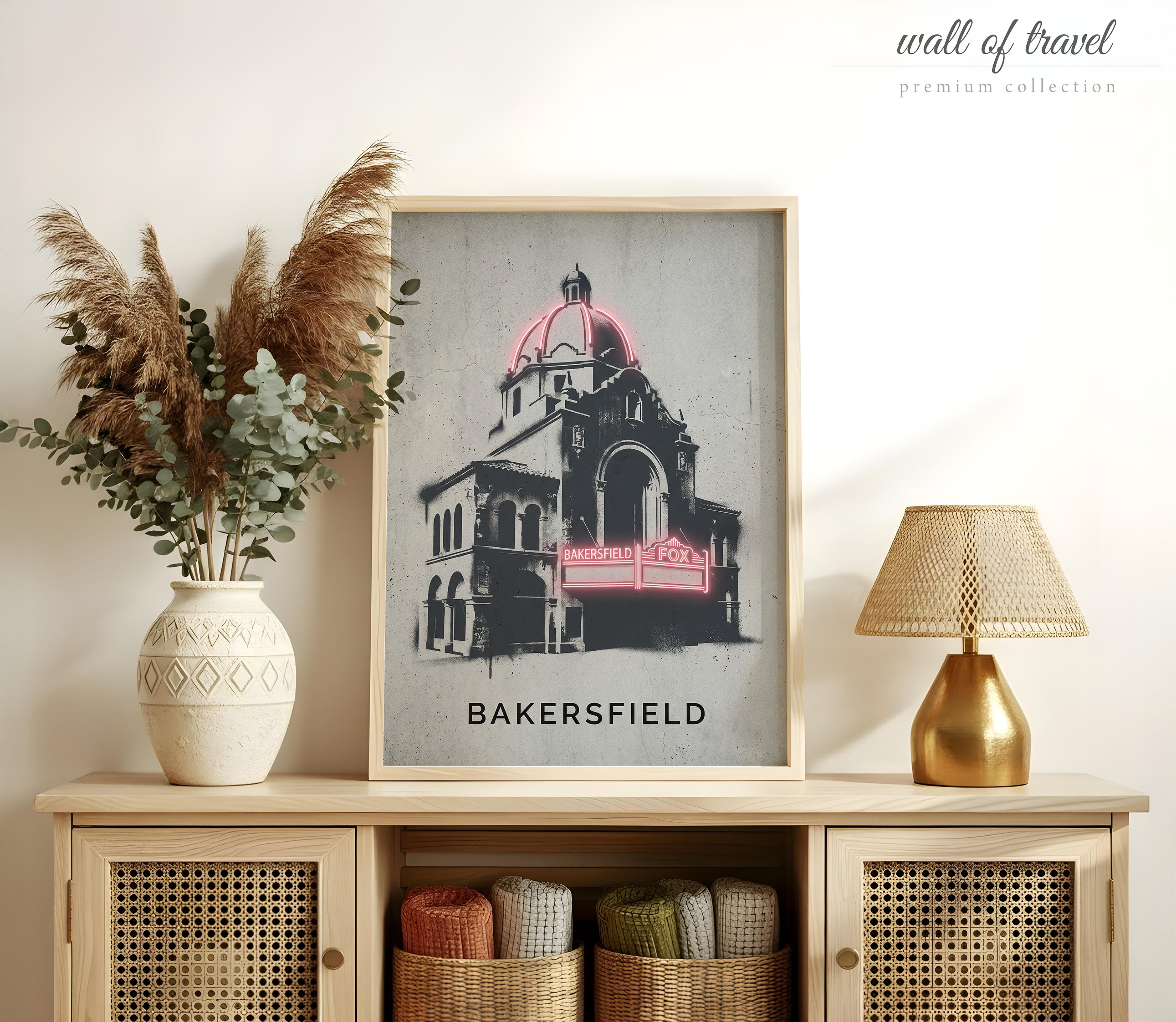 Bakersfield California Fox Theater Art, Canvas or Poster, Neon Paint Splash Decor, Living Room Entryway Home Bar Wall Art, Black Grey Pink