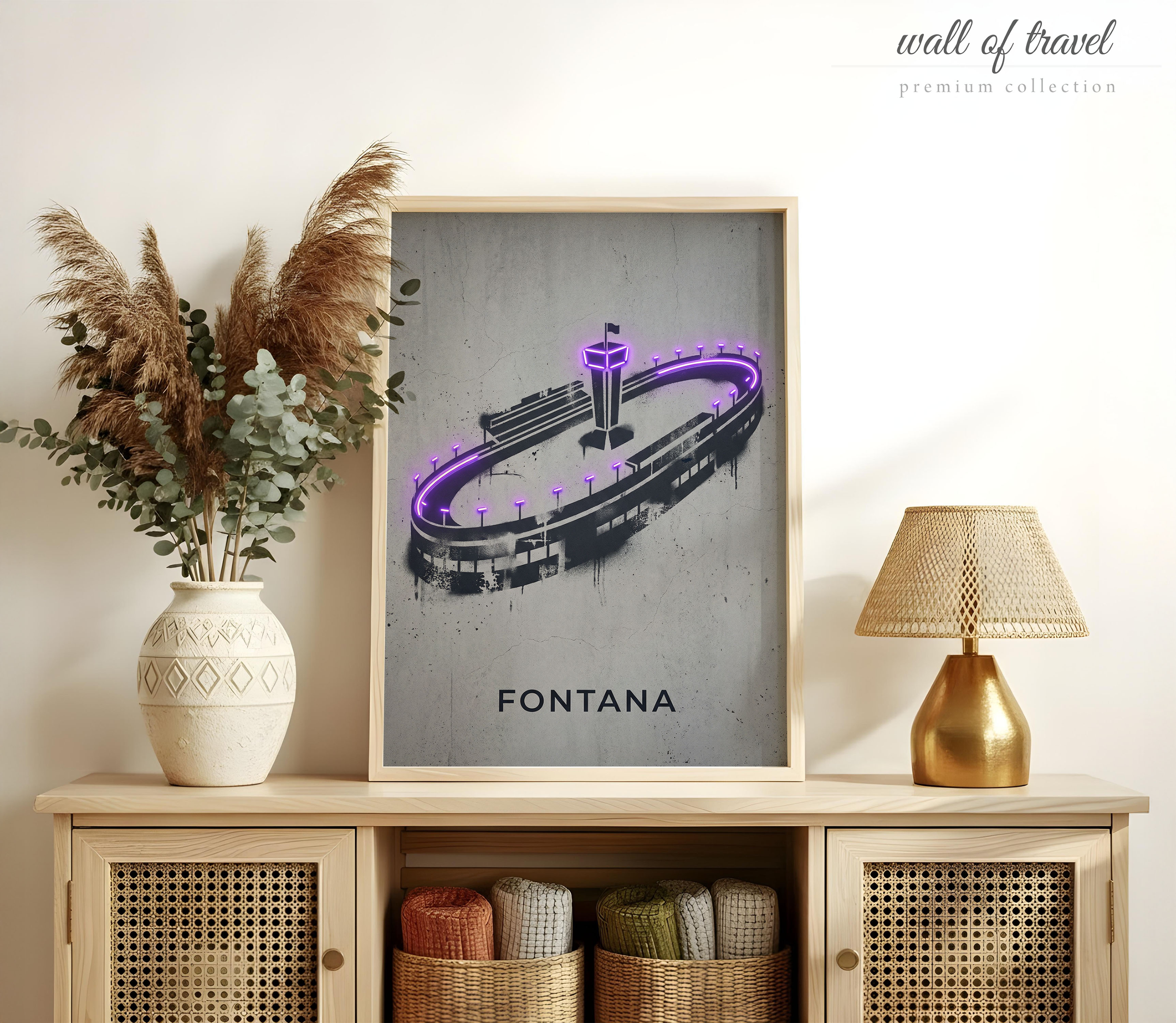 Fontana California International Speedway Art, Canvas or Poster, Neon Paint Splash Decor, Game Room Home Bar Office Wall Art, Black Grey