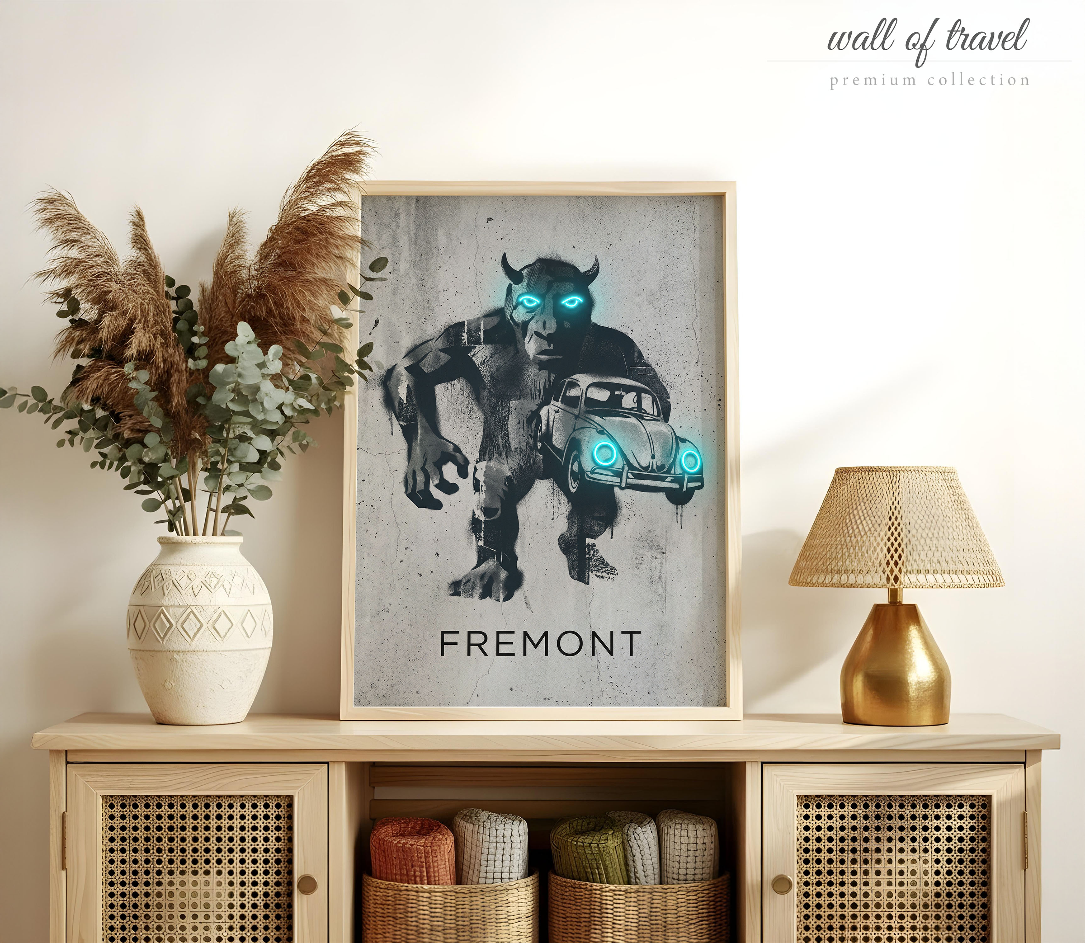 Fremont California Historic Creature Art, Canvas or Poster, Street Art Banknote Decor, Living Room Office Den Wall Art, Black Teal Grey