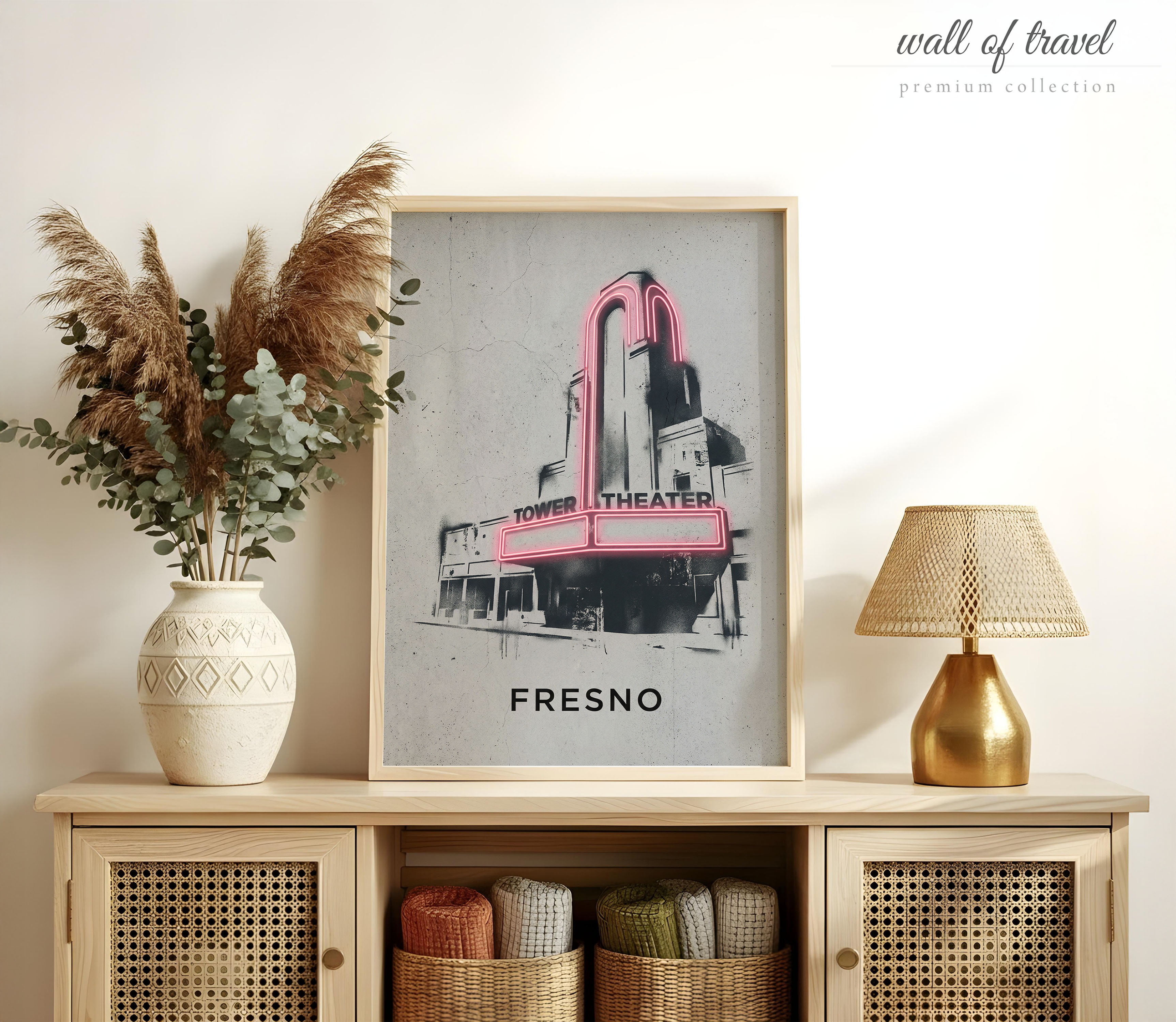 Fresno California Tower Theater Art, Canvas or Poster, Neon Paint Splash Decor, Living Room Office Entryway Wall Art, Pink Black Grey White
