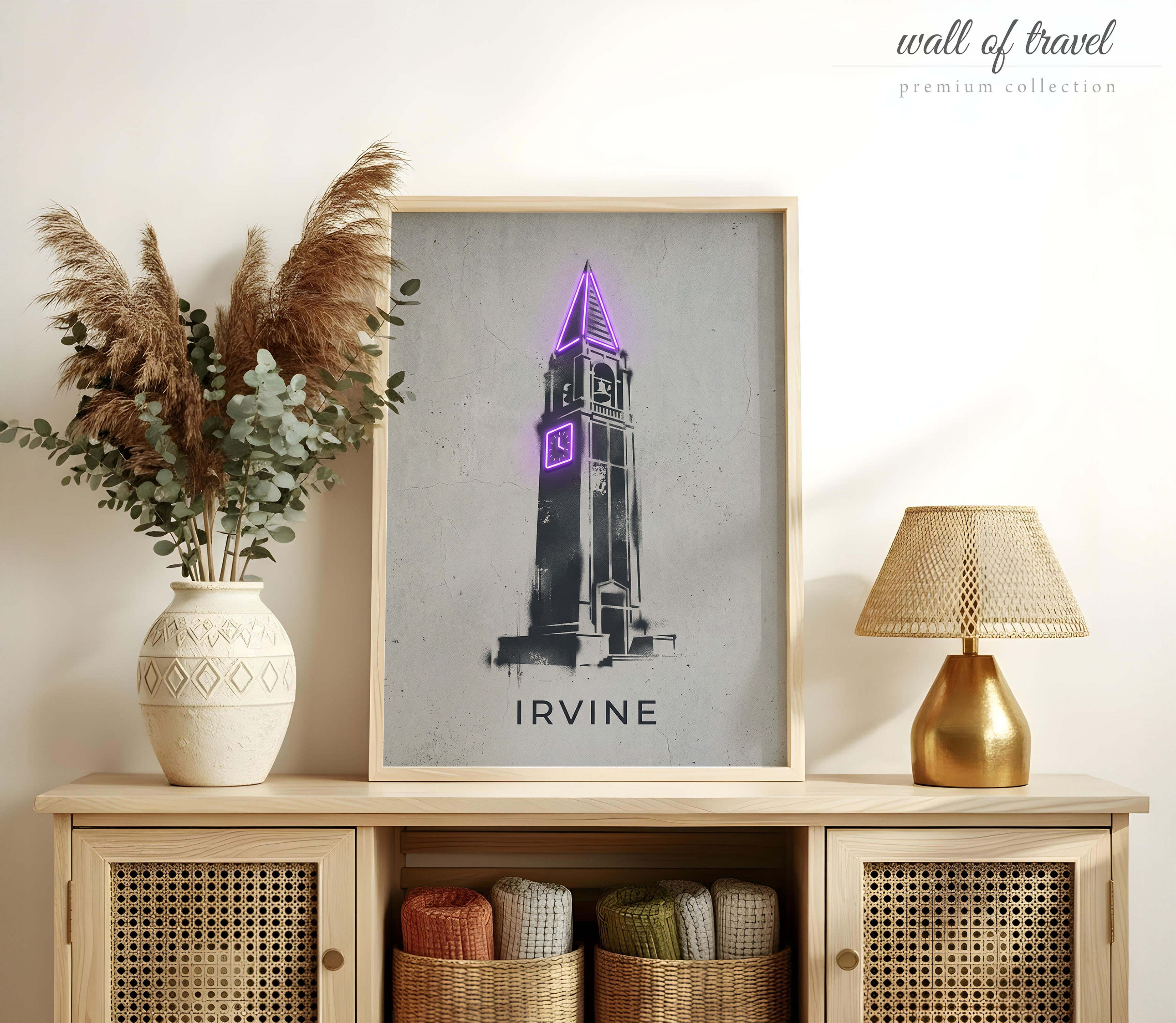 Irvine California Administrative Building Tower Art, Canvas or Poster, Neon Paint Splash Decor, Living Room Office Study Wall Art, Grey
