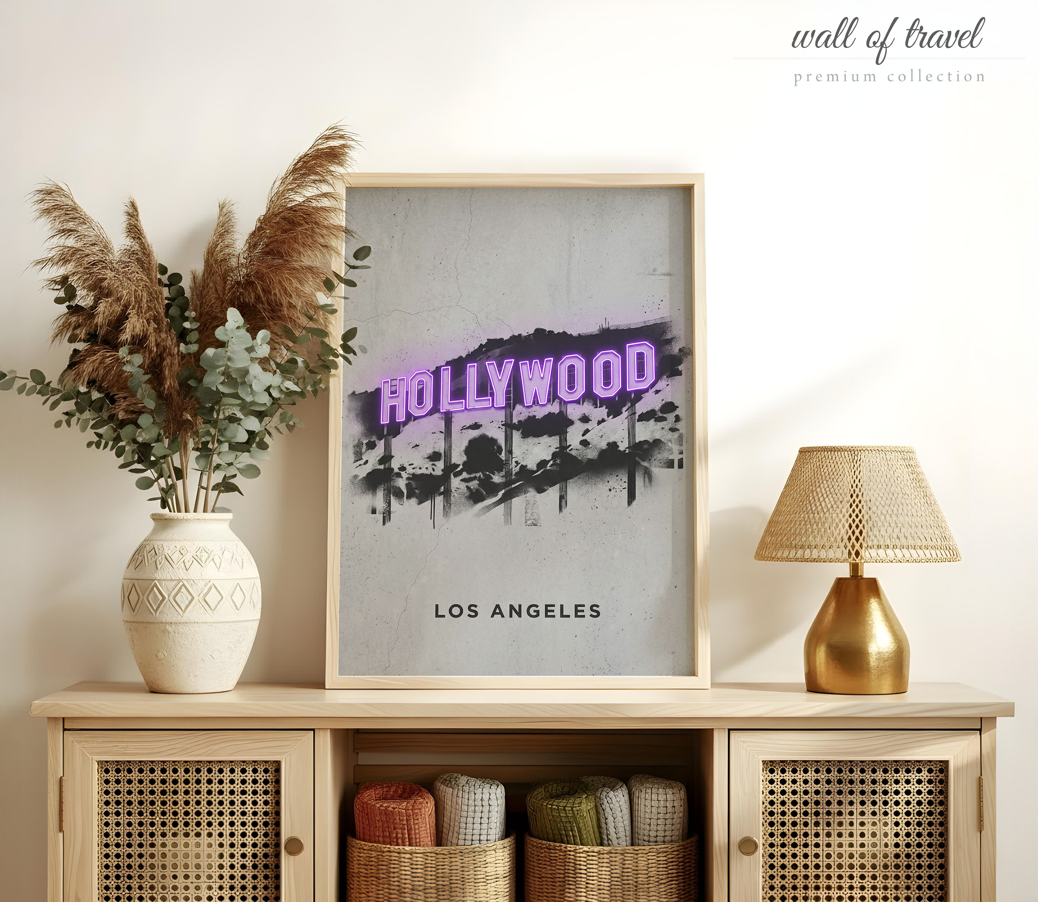 Los Angeles California Hollywood Sign Art, Canvas or Poster, Neon Paint Splash Decor, Living Room Home Bar Game Room Wall Art, Grey Black
