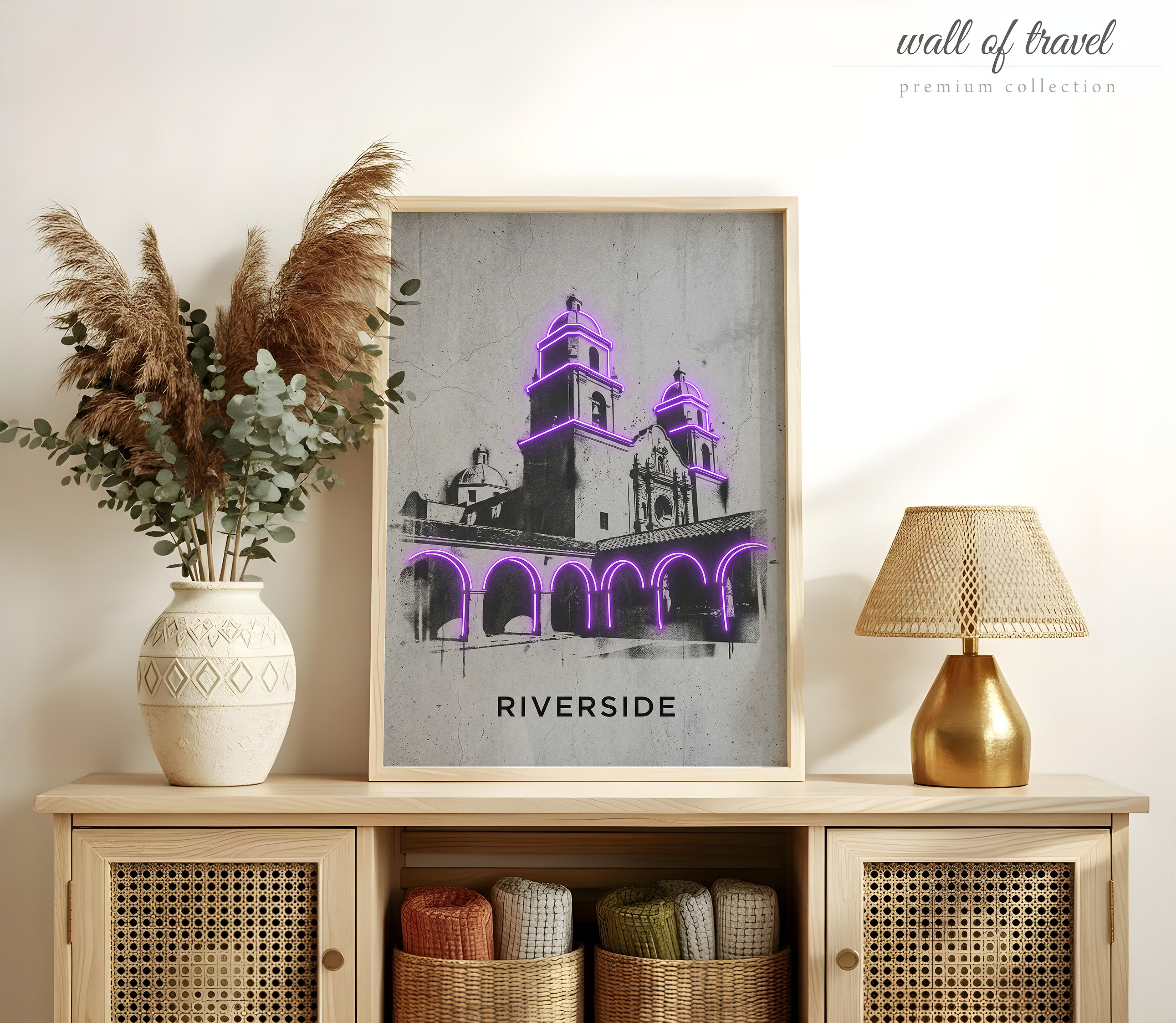Riverside California Mission San Francisco Solano Art, Canvas or Poster, Neon Paint Splash Decor, Entryway Bedroom Wall Art, White Grey