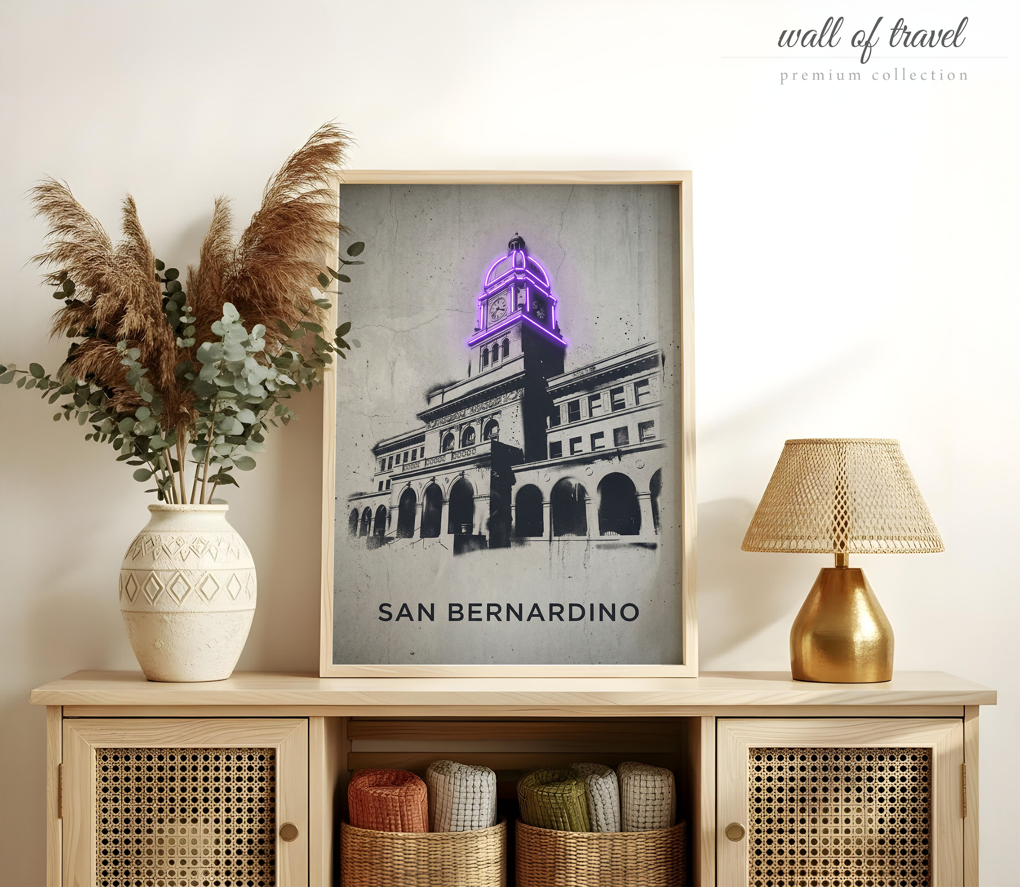 San Bernardino California San City Hall Clock Tower Art, Canvas or Poster, Neon Paint Splash Decor, Entryway Office Wall Art, Grey Purple