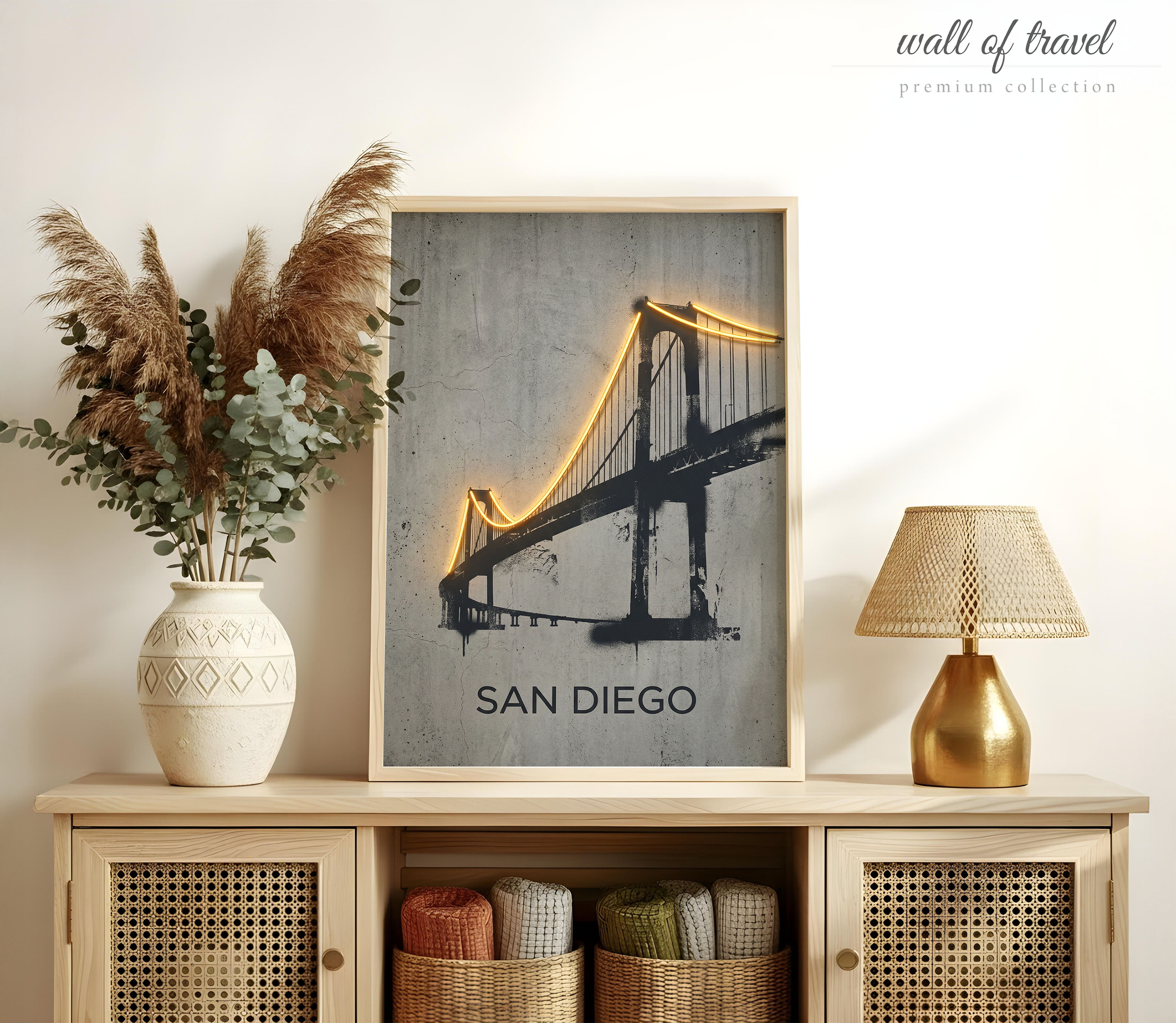 San Diego California Coronado Bridge Art, Canvas or Poster, Neon Splash Decor, Living Room Entryway Home Bar Wall Art, Orange Black Grey