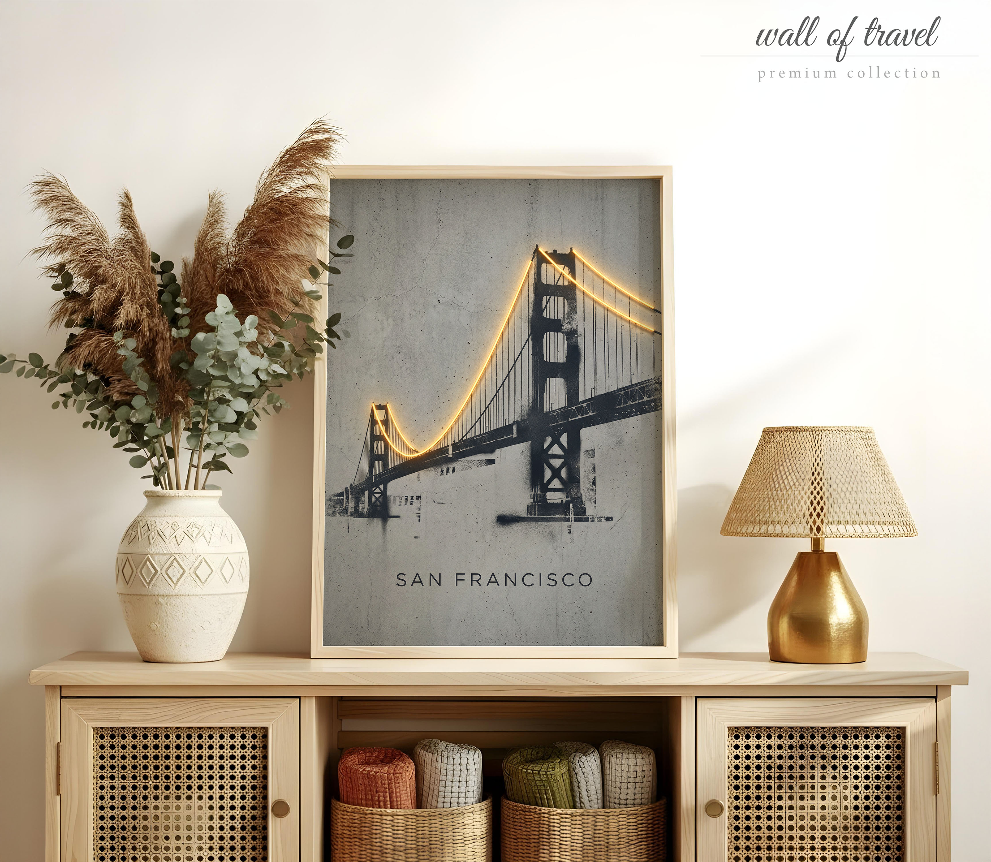 San Francisco California Golden Gate Bridge Art, Canvas or Poster, Neon Paint Splash Decor, Living Room Office Entryway Wall Art, Grey Black
