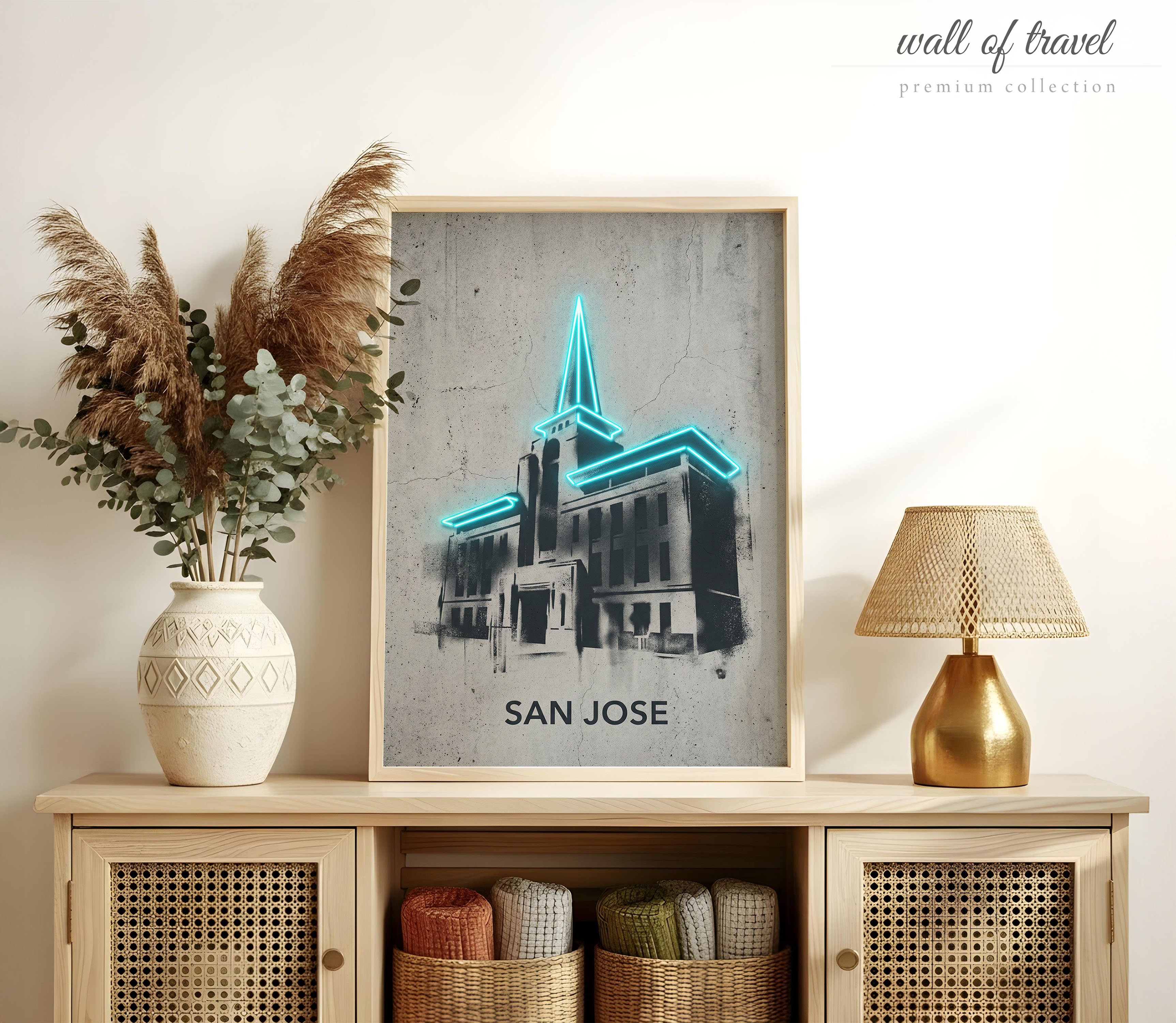 San Jose California San Jose City Hall Art, Canvas or Poster, Neon Paint Splash Decor, Living Room Office Entryway Wall Art, Teal Black Grey