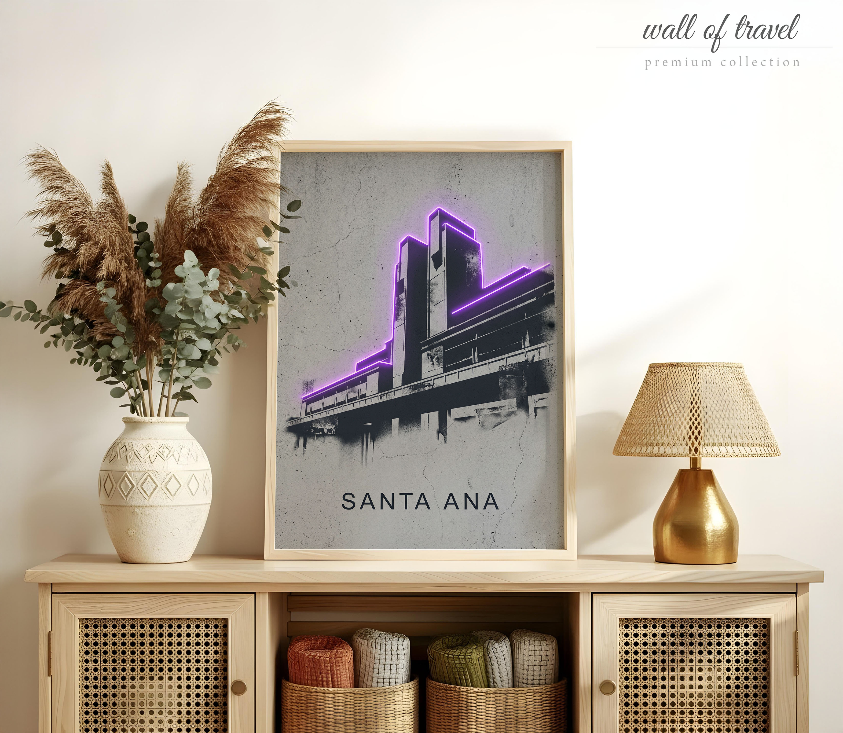 Santa Ana California Modernist Building Neon Accents Art, Canvas or Poster, Neon Paint Splash Decor, Bedroom Office Wall Art, Grey Black