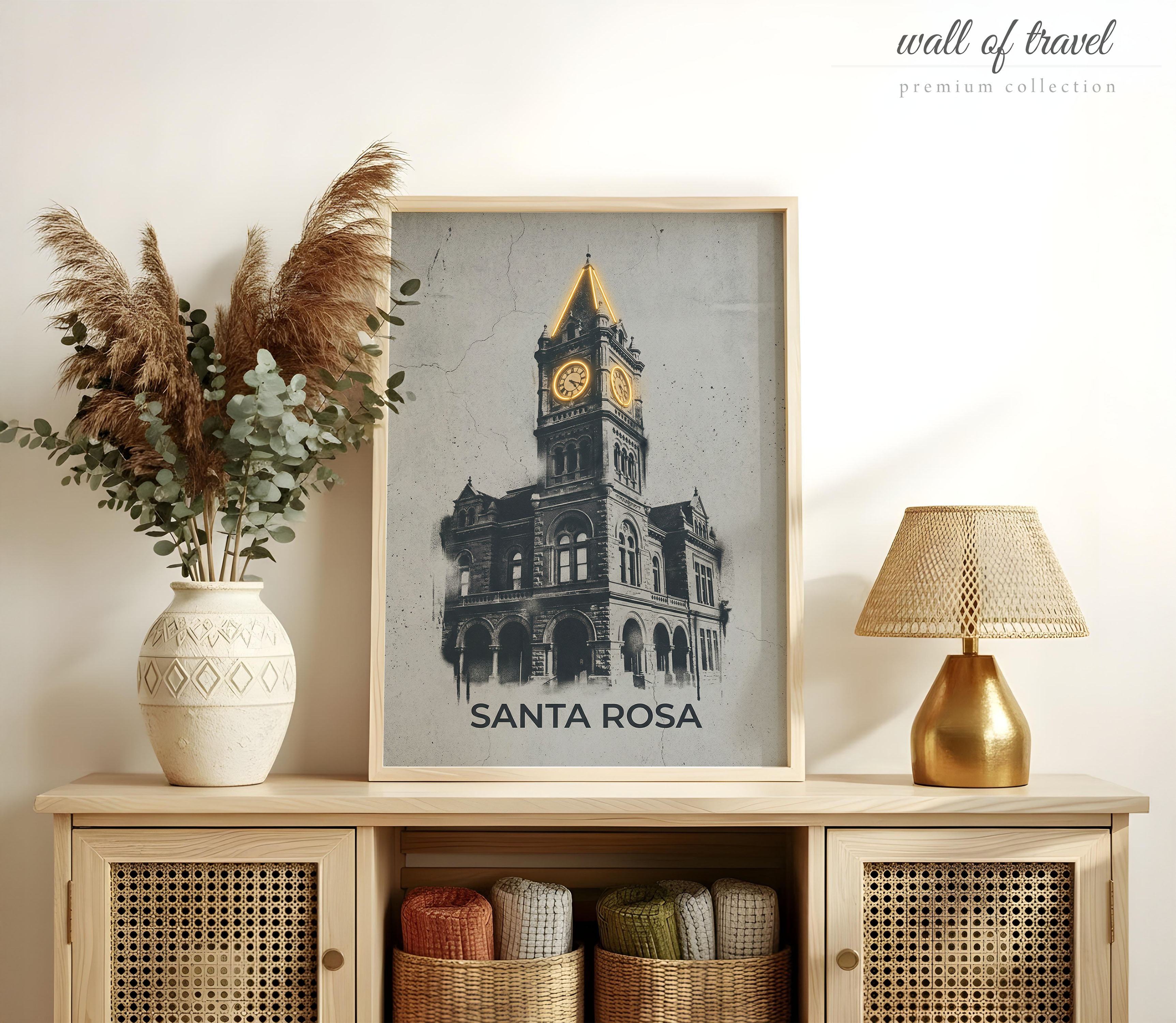 Santa Rosa California Sonoma County Courthouse Art, Canvas or Poster, Neon Splash Decor, Living Room Office Entryway Wall Art, Gold Grey