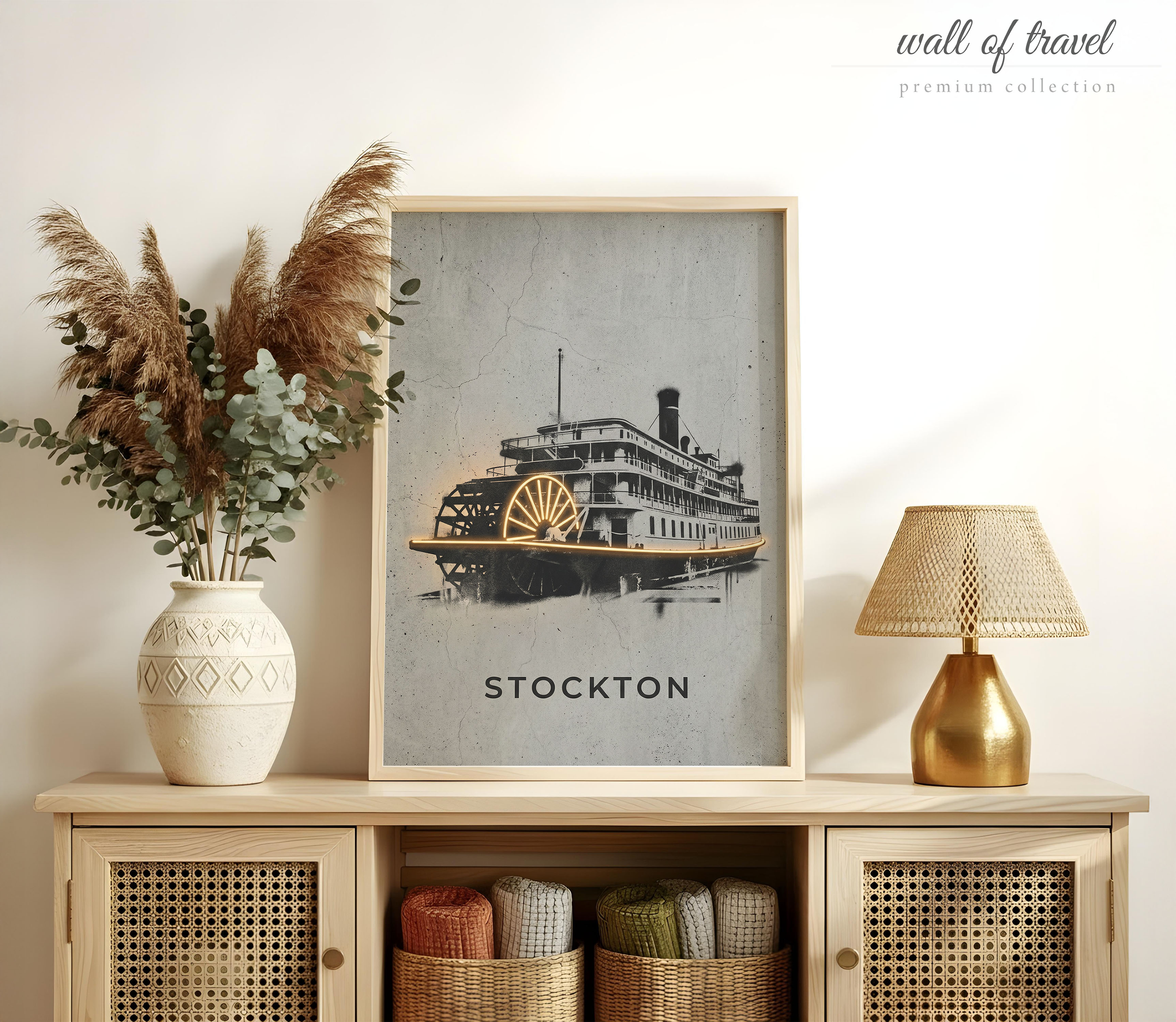 Stockton California Steamboat Art, Canvas or Poster, Neon Paint Splash Decor, Living Room Home Bar Office Wall Art, Black Grey Orange White