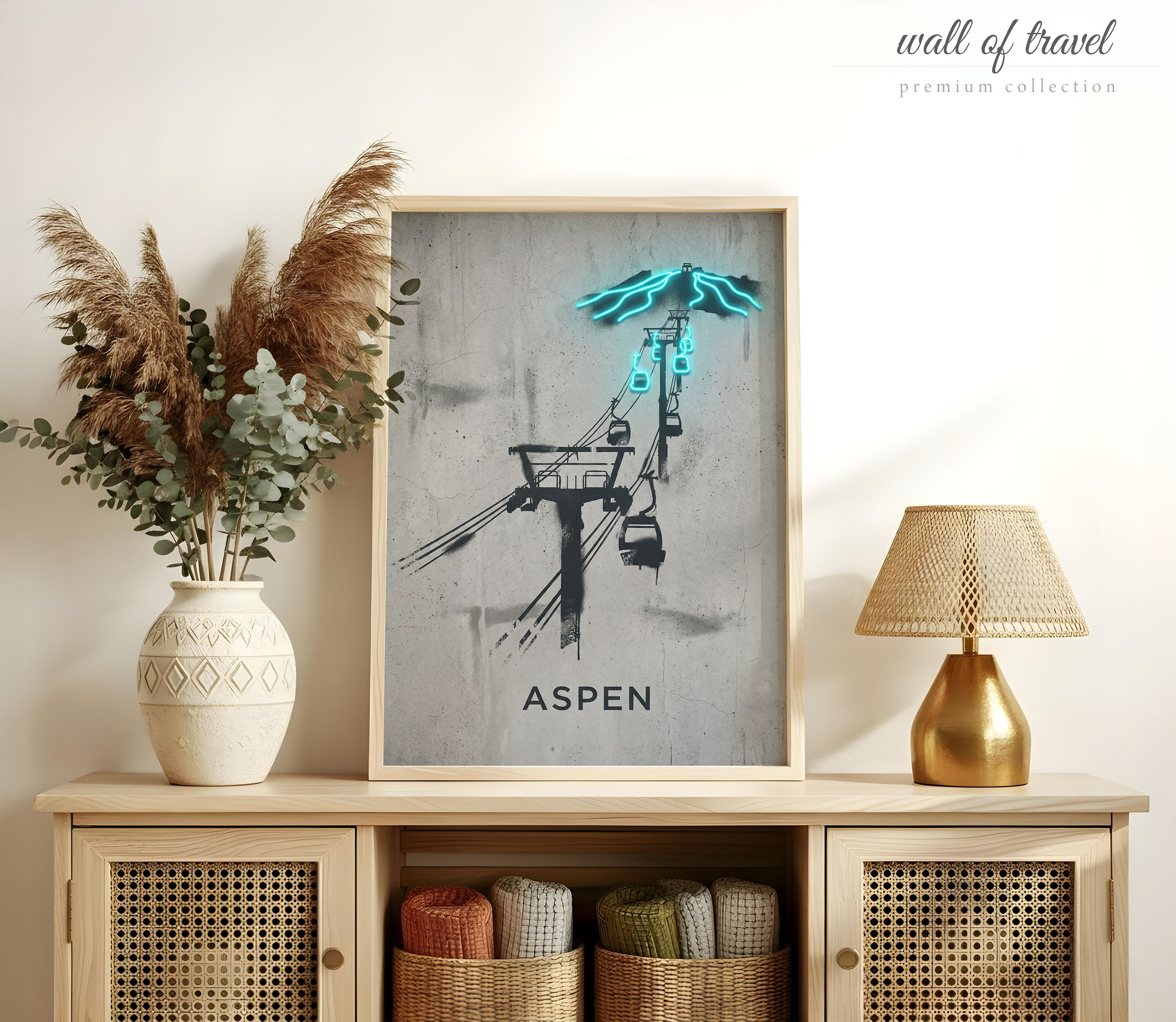 Aspen Colorado Mountain Gondola Art, Canvas or Poster, Neon Paint Splash Decor, Living Room Bedroom Vacation Home Wall Art, Teal Black White