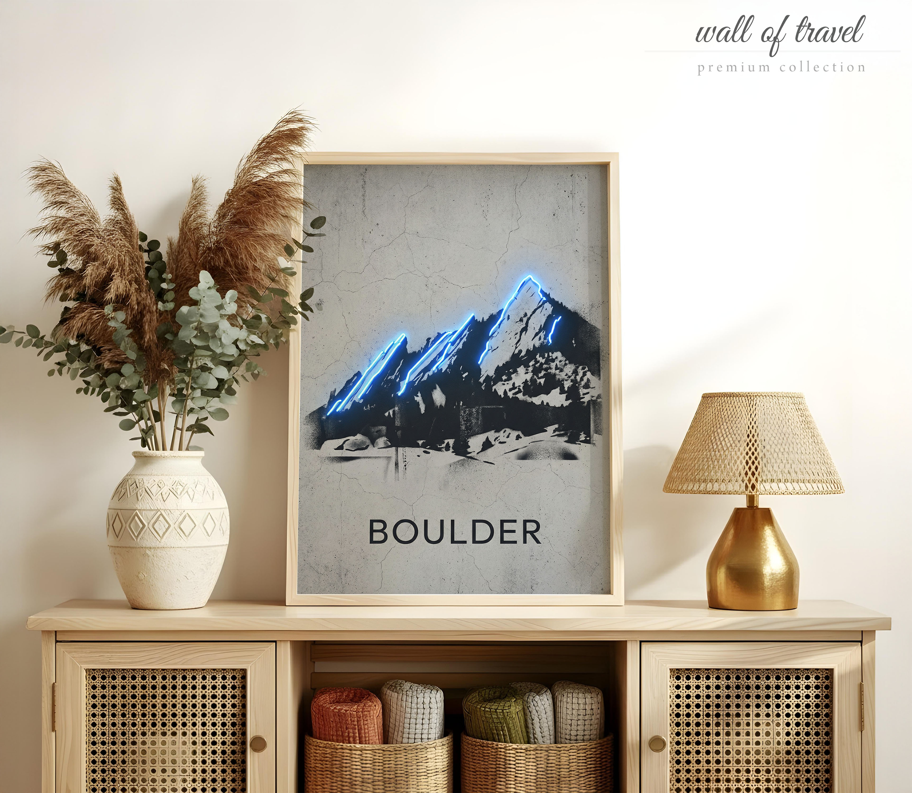 Boulder Colorado Flatirons Art, Canvas or Poster, Neon Paint Splash Decor, Living Room Office Study Vacation Home Wall Art, Blue White Grey