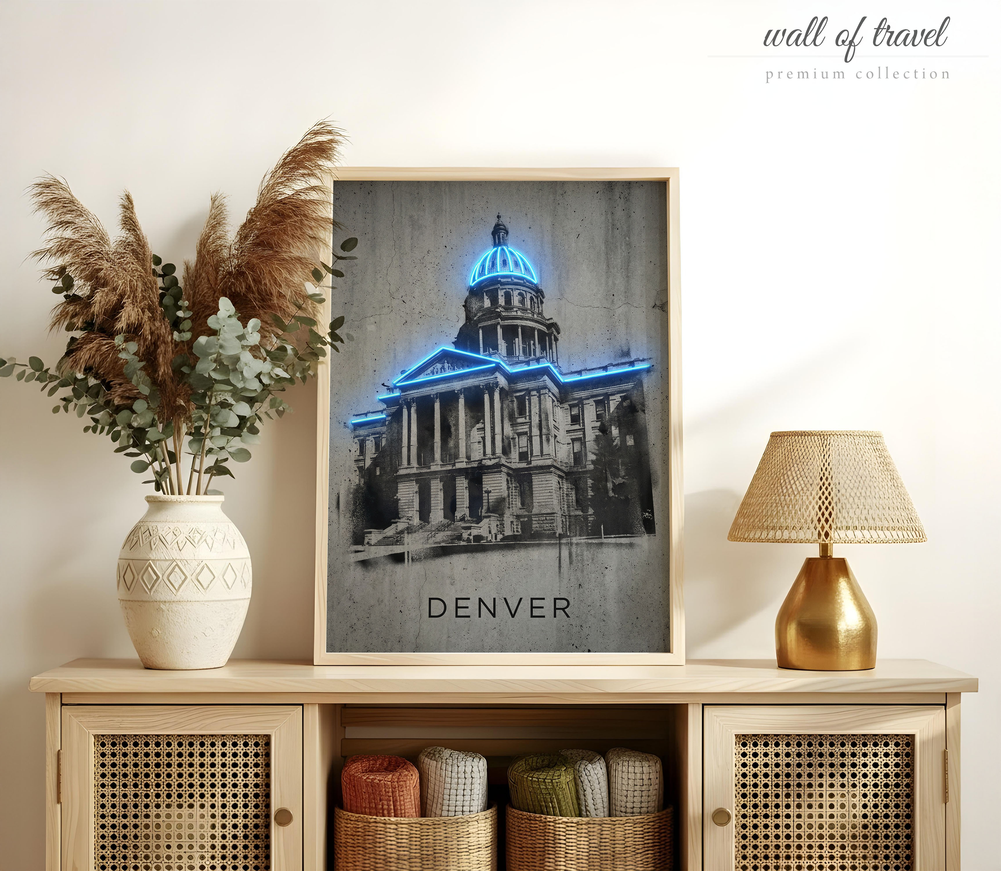 Denver Colorado State Capitol Building Art, Canvas or Poster, Neon Paint Splash Decor, Living Room Office Entryway Wall Art, Blue White