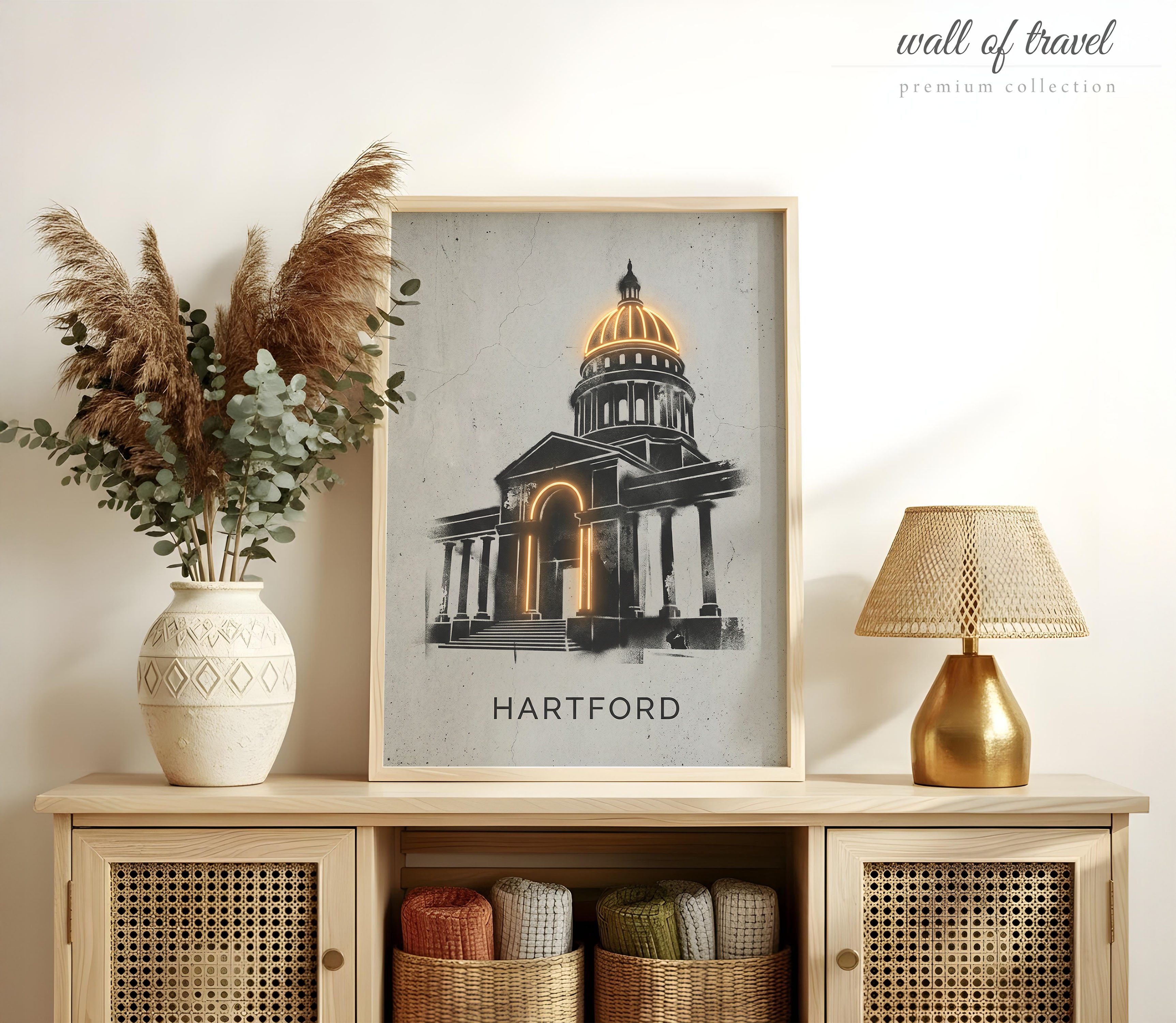 Hartford Connecticut State Capitol Building Art, Canvas or Poster, Neon Paint Splash Decor, Living Room Office Entryway Wall Art, Grey Gold