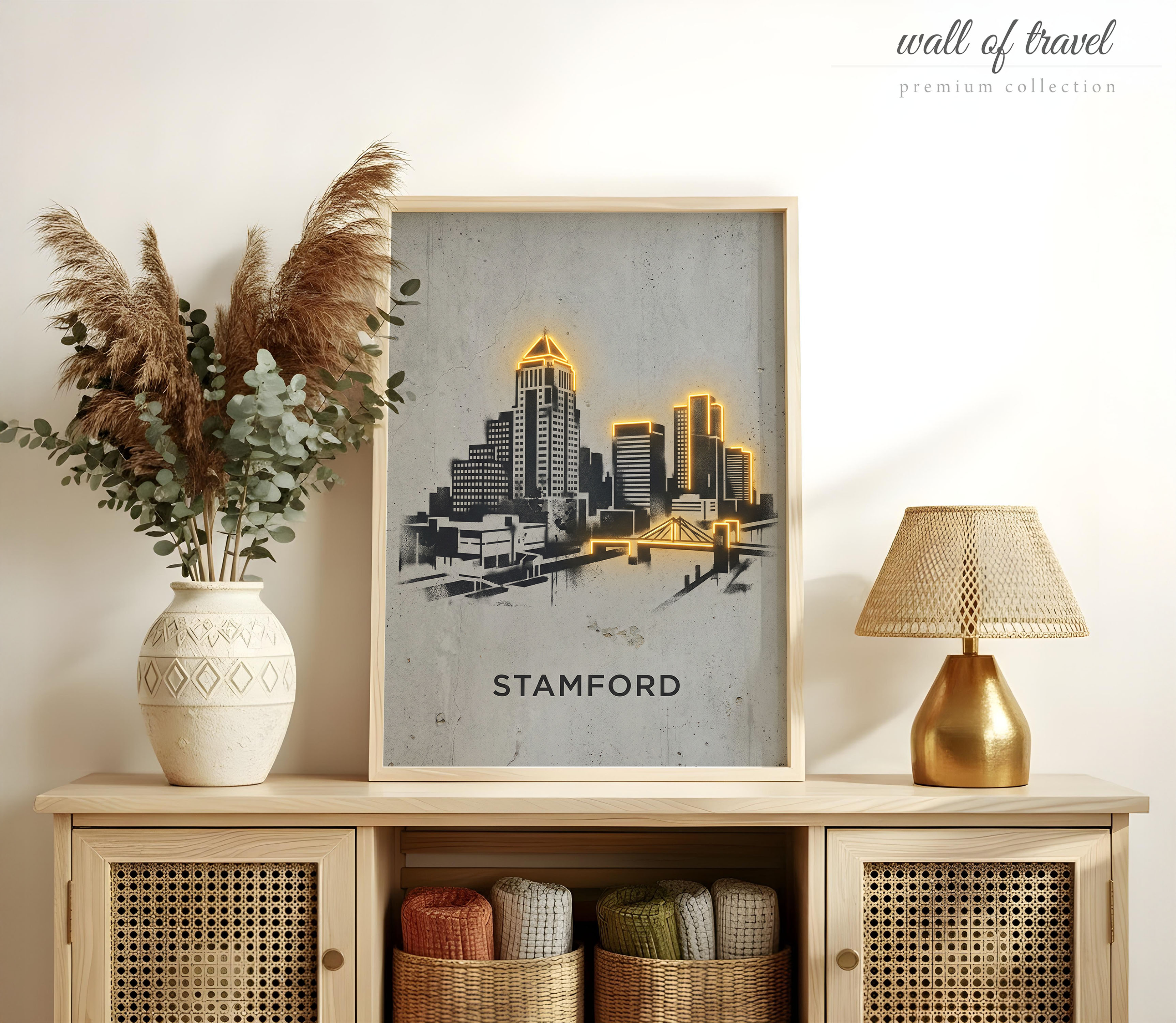 Stamford Connecticut Skyline Bridge Art, Canvas or Poster, Neon Paint Splash Decor, Living Room Office Entryway Wall Art, Gold Black Grey