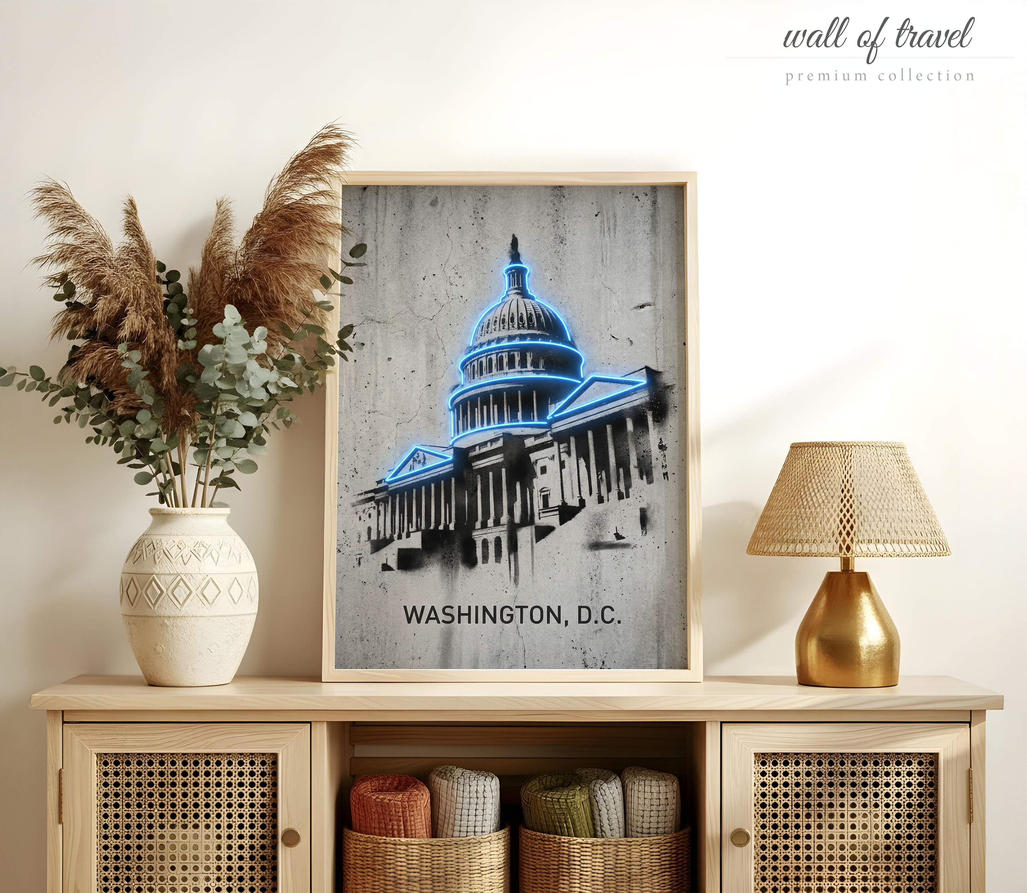 Washington D.C. United States Capitol Building Art, Canvas or Poster, Neon Paint Splash Decor, Living Room Office Entryway Wall Art, Blue