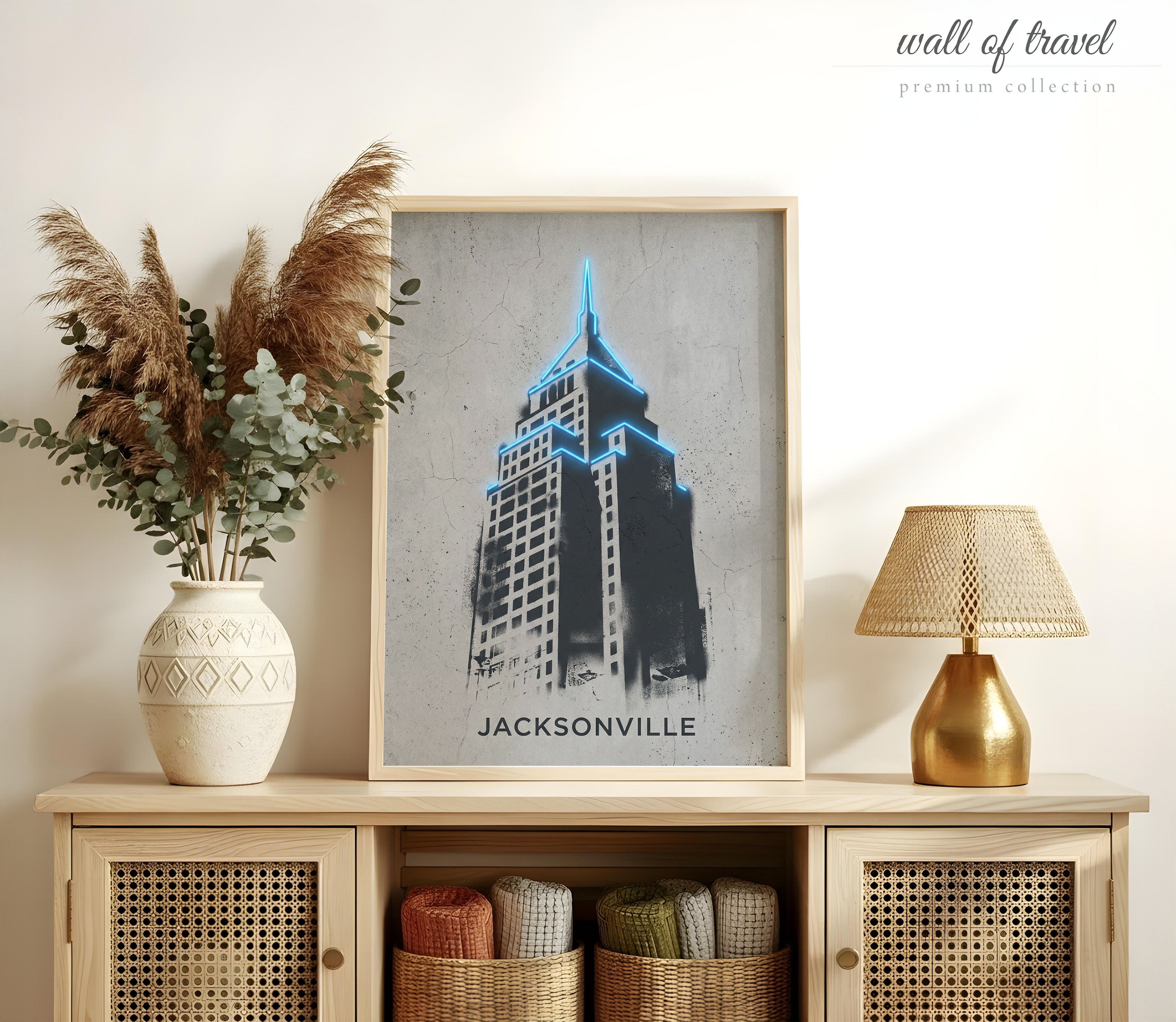 Jacksonville Florida Riverfront High-Rise Building Art, Canvas or Poster, Neon Paint Splash Decor, Entryway Office Wall Art, Grey Blue Black
