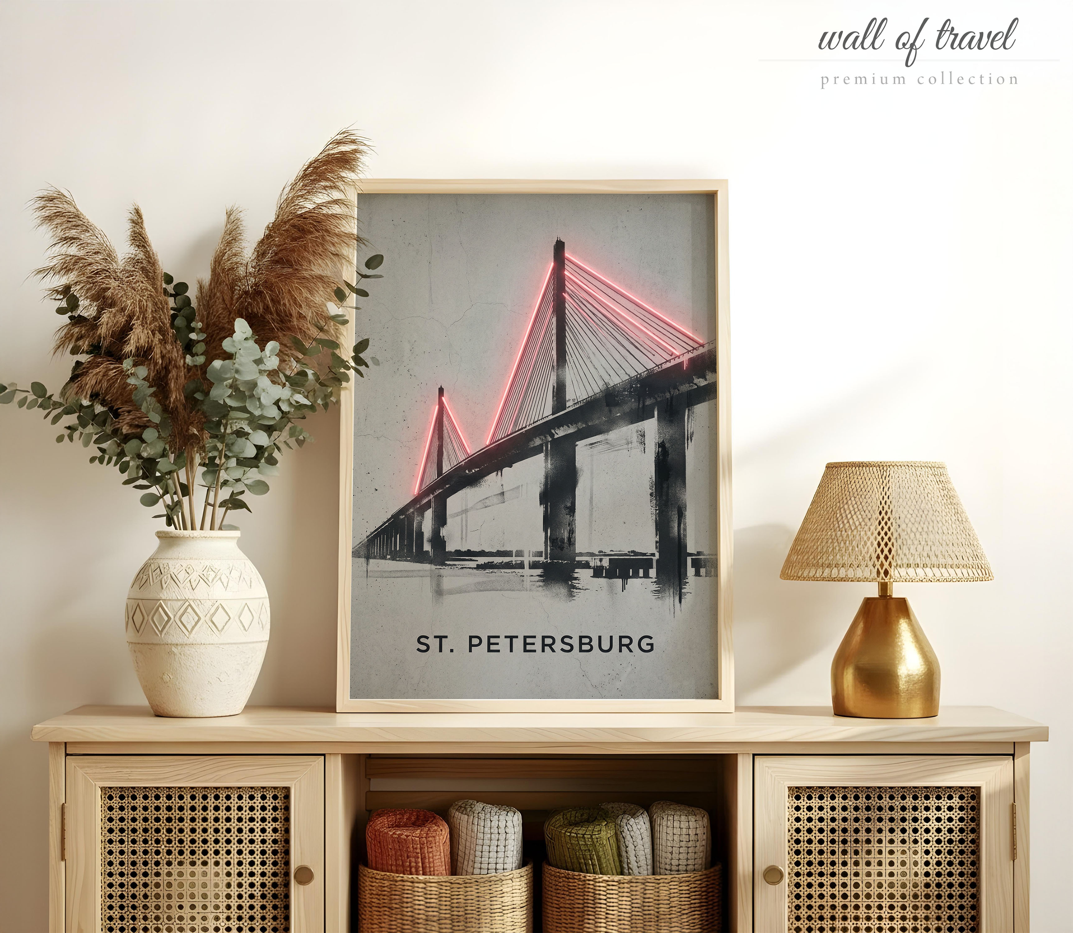 St. Petersburg Florida Sunshine Skyway Bridge Art, Canvas or Poster, Neon Paint Splash Decor, Living Room Office Den Wall Art, Red Grey