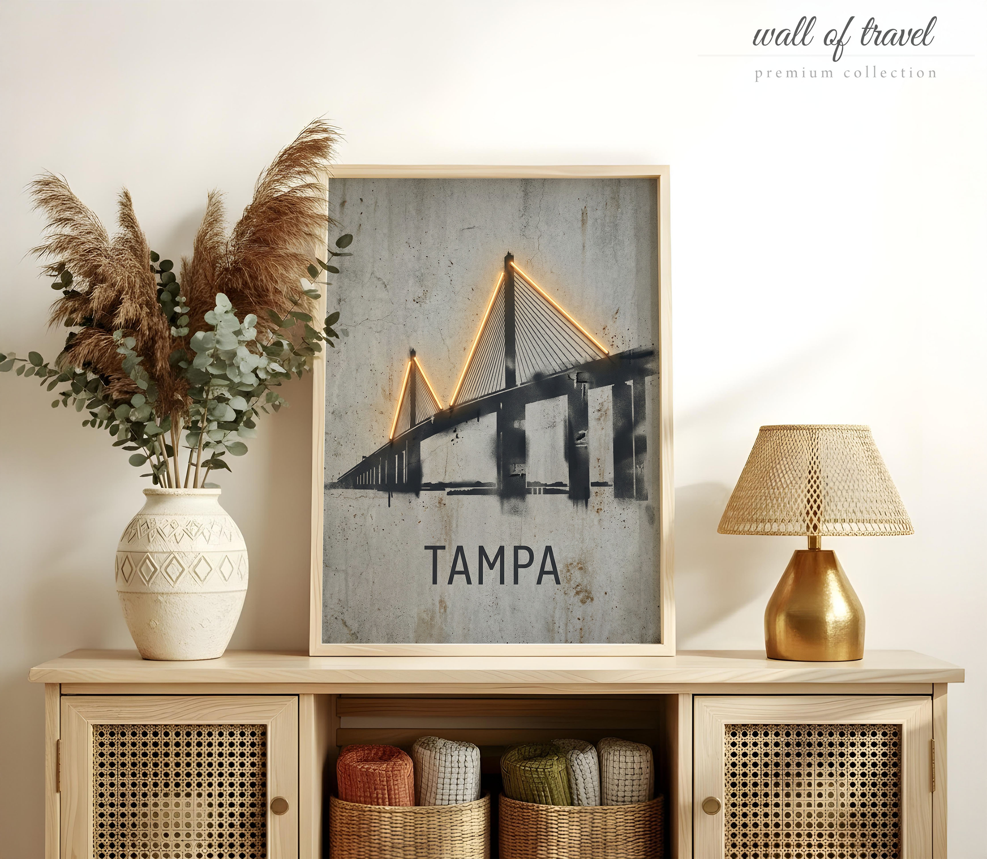 Tampa Florida Sunshine Skyway Bridge Art, Canvas or Poster, Neon Paint Splash Decor, Living Room Office Dining Wall Art, Orange Grey Black
