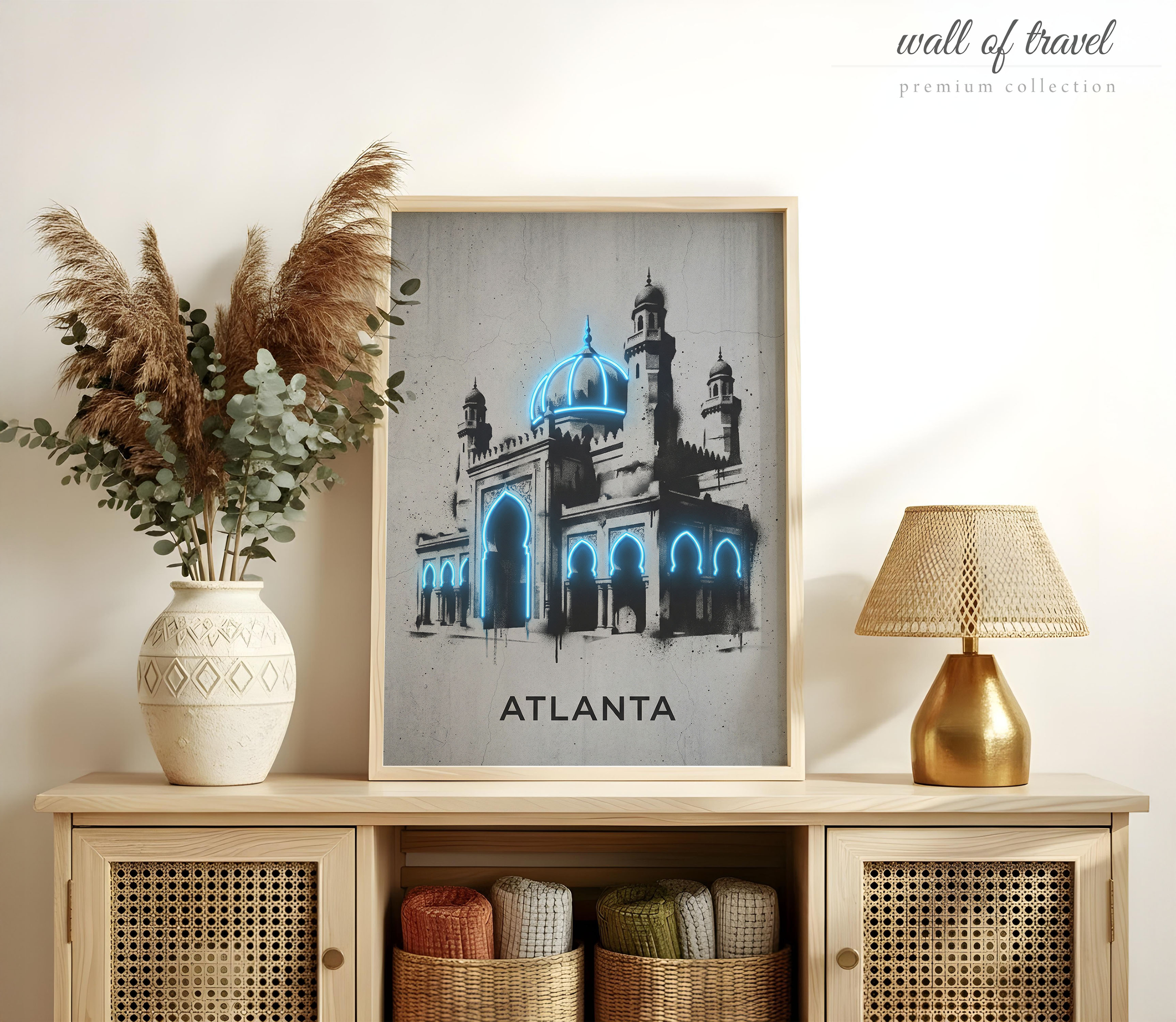 Atlanta Georgia Masjid e Jehan Numah Art, Canvas or Poster, Neon Paint Splash Decor, Living Room Office Entryway Wall Art, Blue Black White