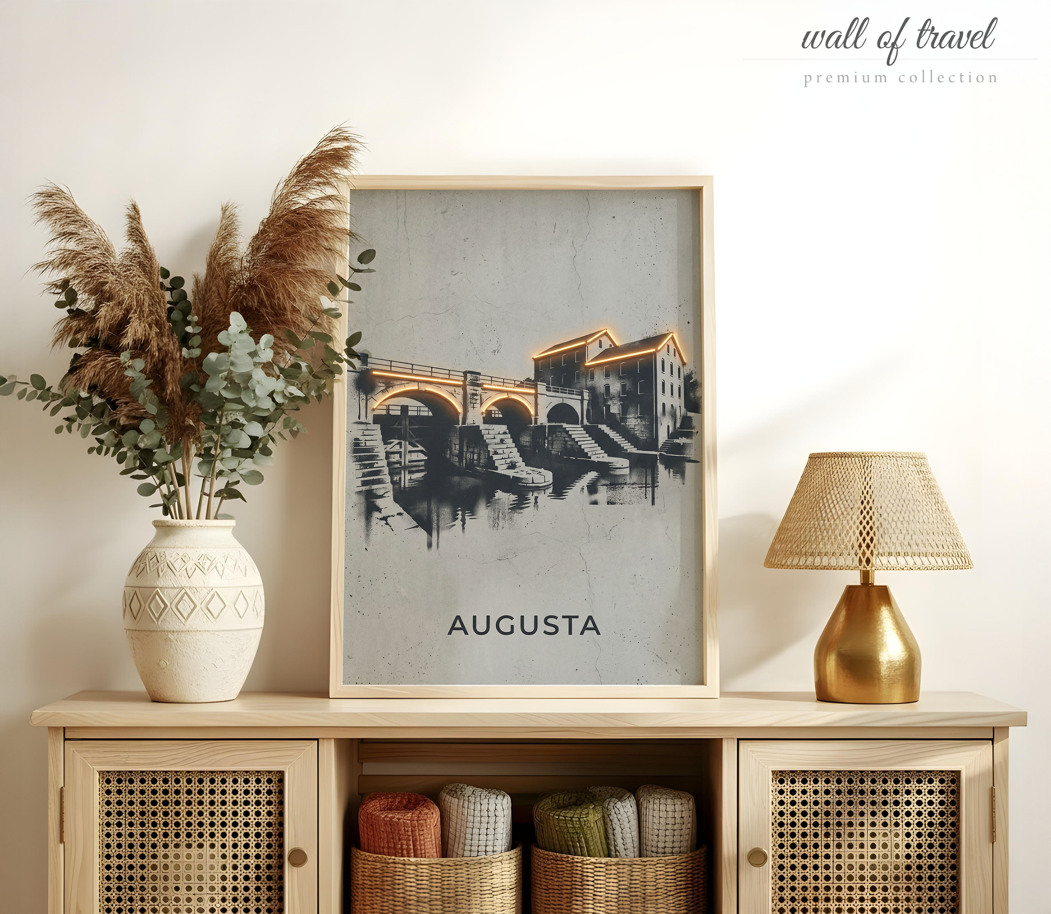 Augusta Georgia Canal Art, Canvas or Poster, Vintage Travel Deco Style Decor, Living Room Office Entryway Wall Art, Orange Grey Black White