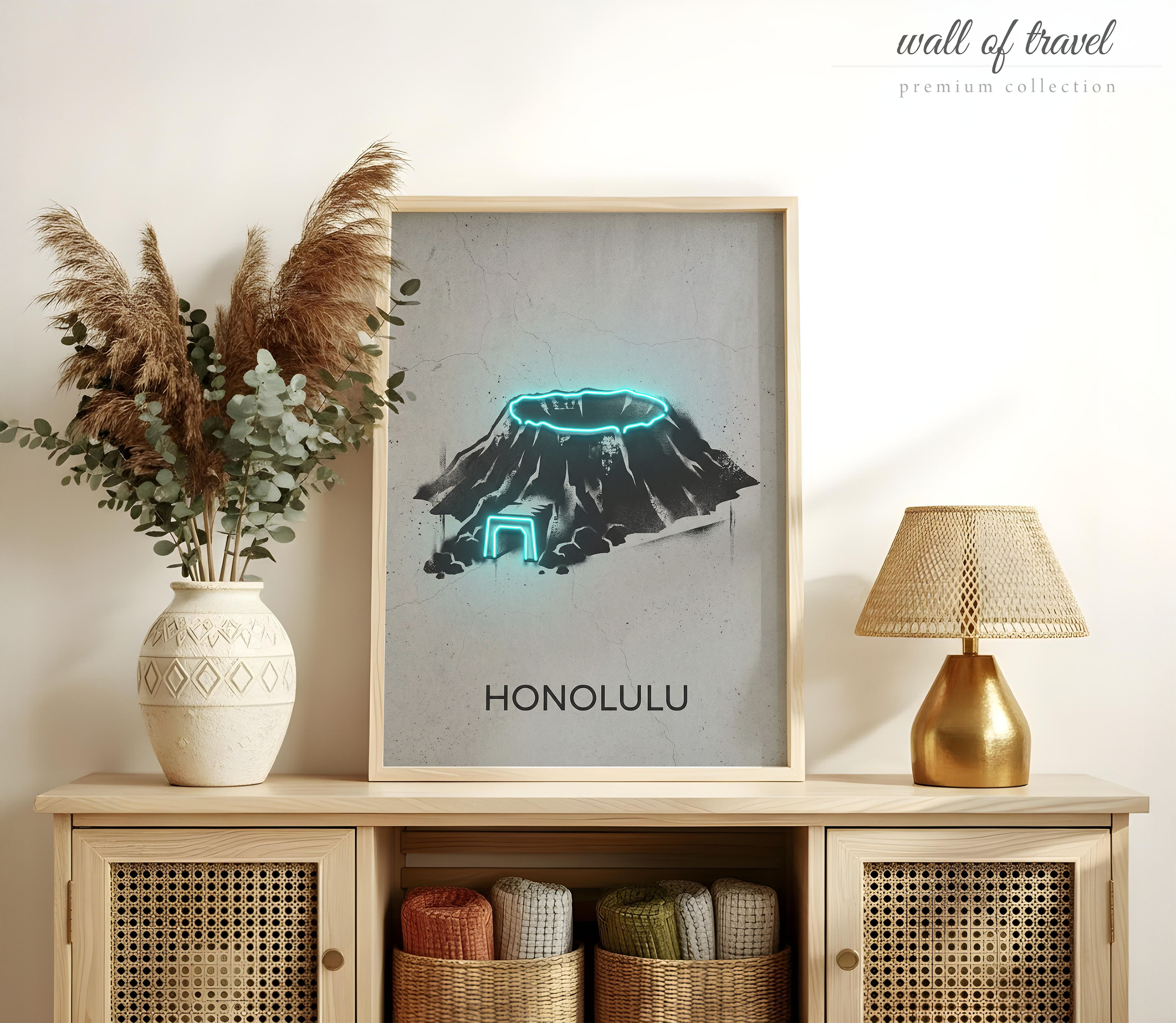 Honolulu Hawaii Diamond Head Crater Art, Canvas or Poster, Neon Paint Splash Decor, Living Room Bedroom Vacation Home Wall Art, Teal Grey