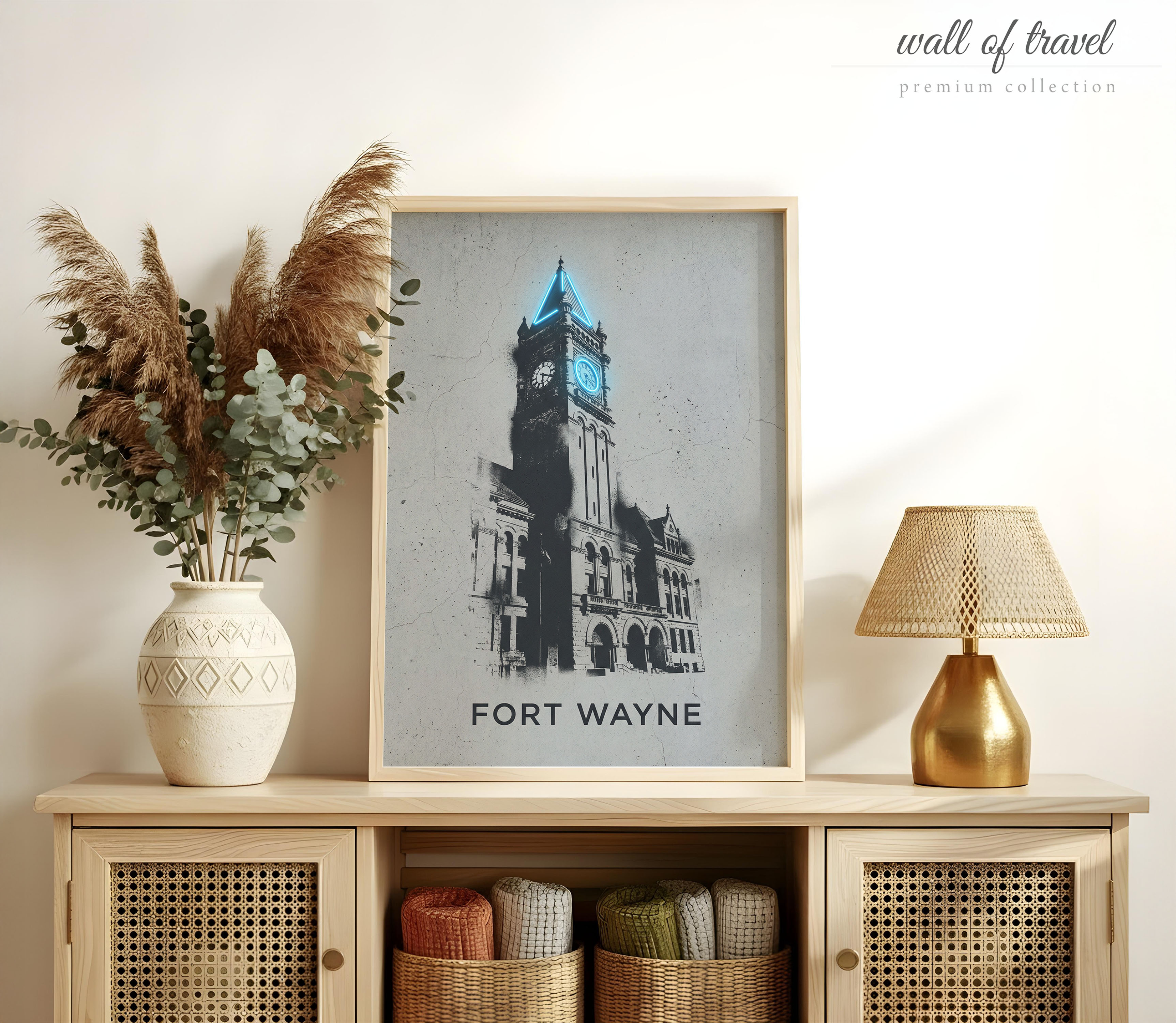 Fort Wayne Indiana Allen County Courthouse Art, Canvas or Poster, Neon Paint Splash Decor, Living Room Office Entryway Wall Art, Blue Grey