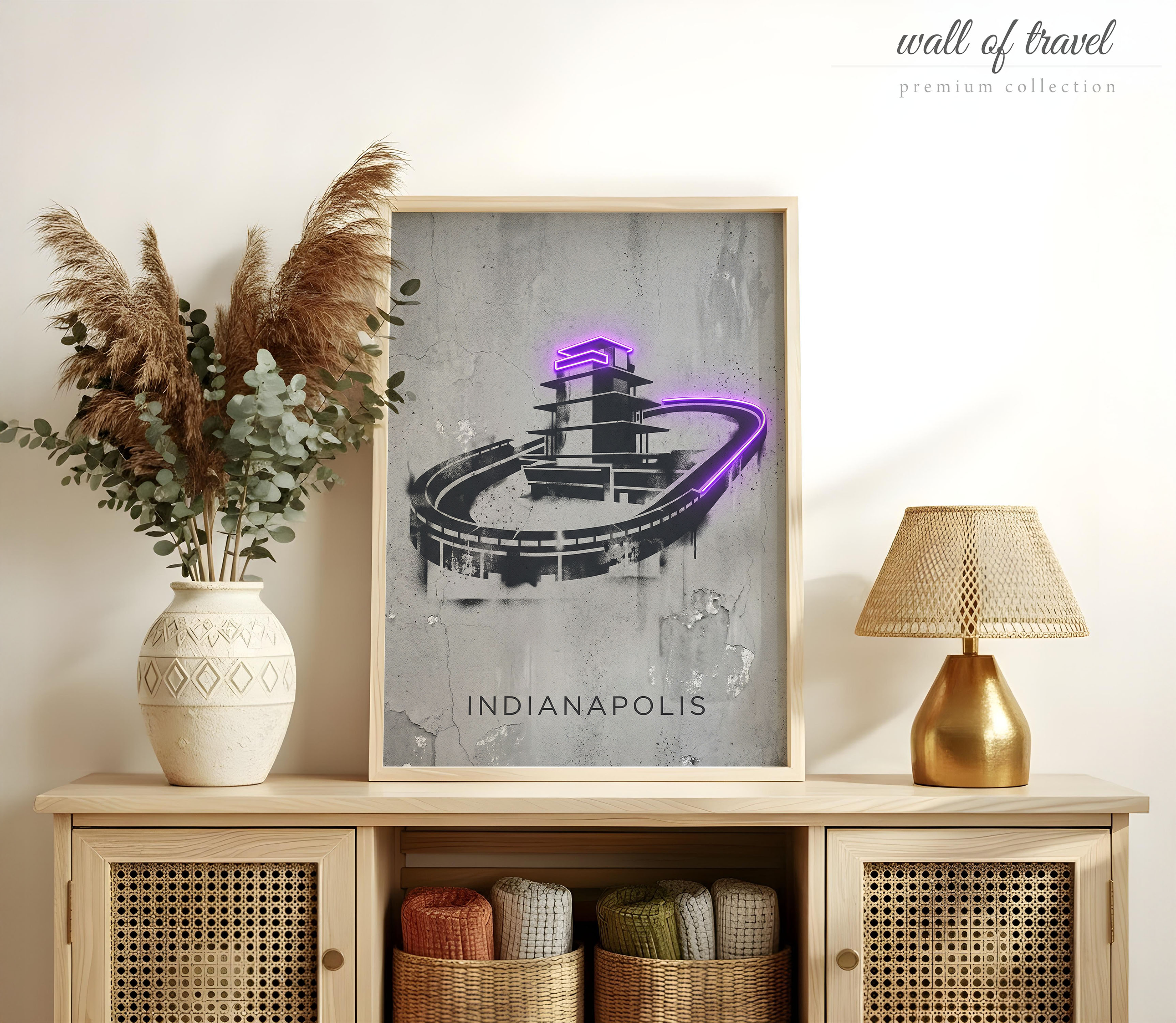 Indianapolis Indiana Motor Speedway Art, Canvas or Poster, Neon Paint Splash Decor, Living Room Office Game Room Wall Art, Purple Black Grey