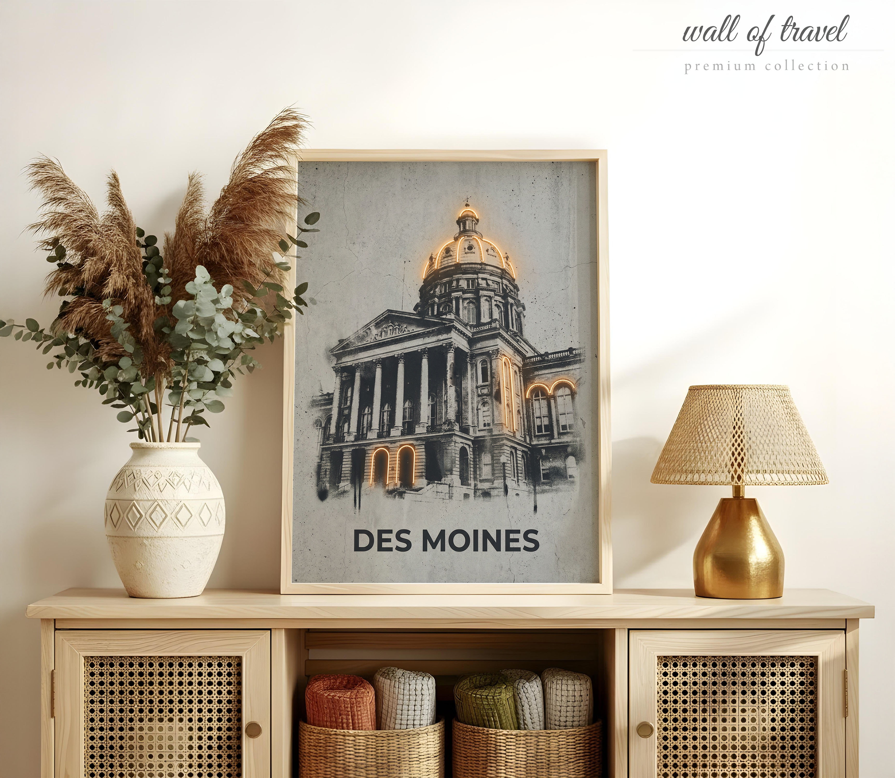Des Moines Iowa State Capitol Building Art, Canvas or Poster, Neon Paint Splash Decor, Living Room Office Entryway Wall Art, Gold Black Grey