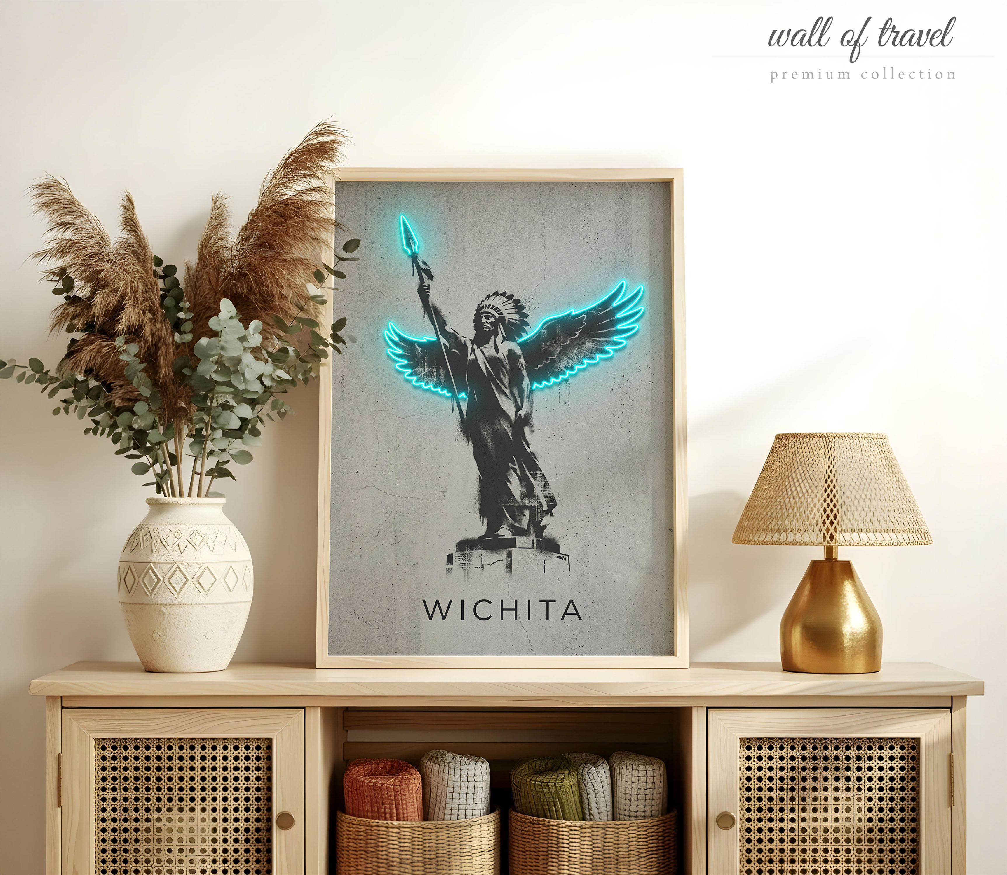 Wichita Kansas Keeper of the Plains Statue Art, Canvas or Poster, Graffiti Pop Art Decor, Living Room Office Entryway Wall Art, White Teal