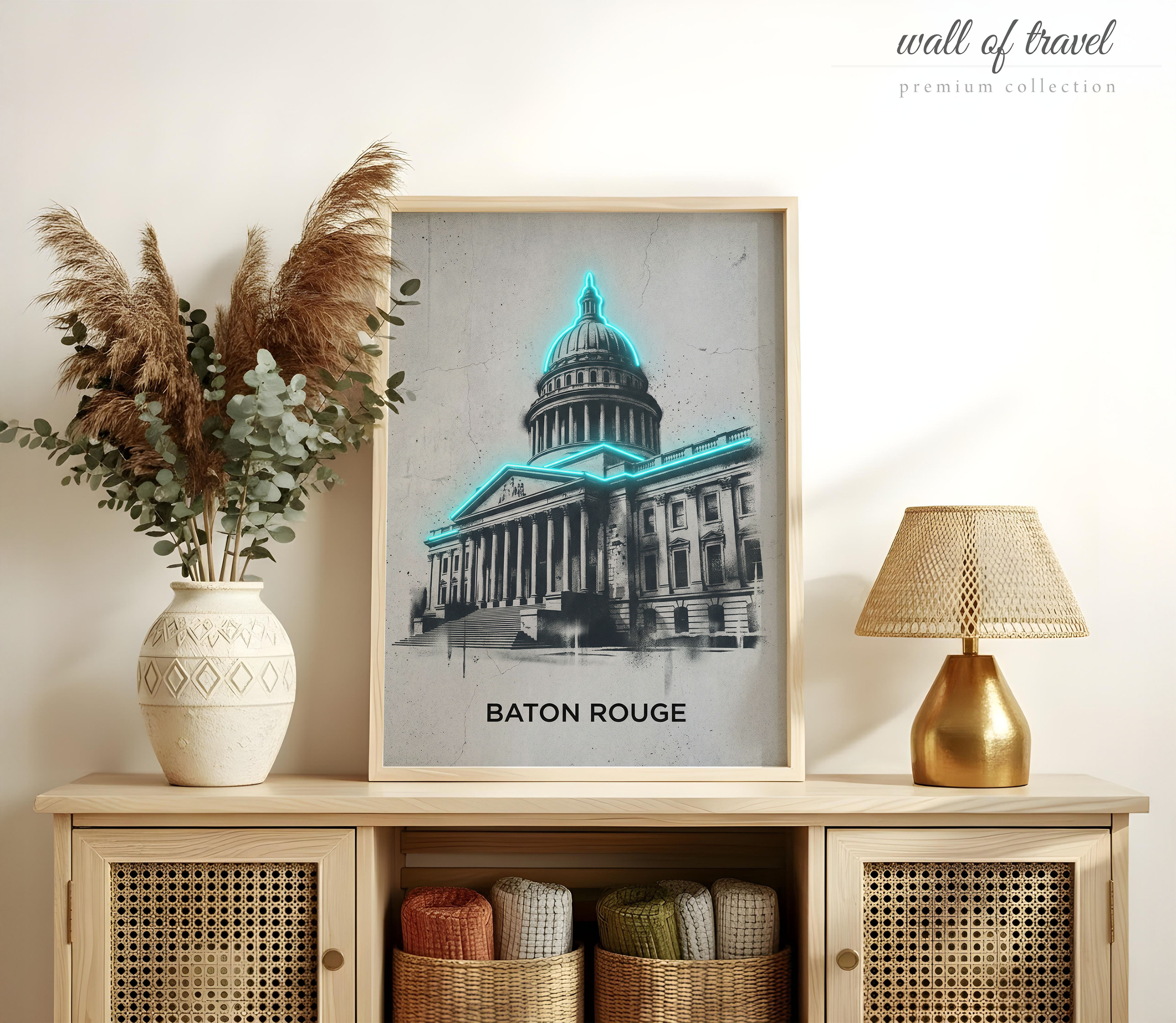 Baton Rouge Louisiana State Capitol Building Art, Canvas or Poster, Neon Paint Splash Decor, Living Room Office Entryway Wall Art, Teal Grey