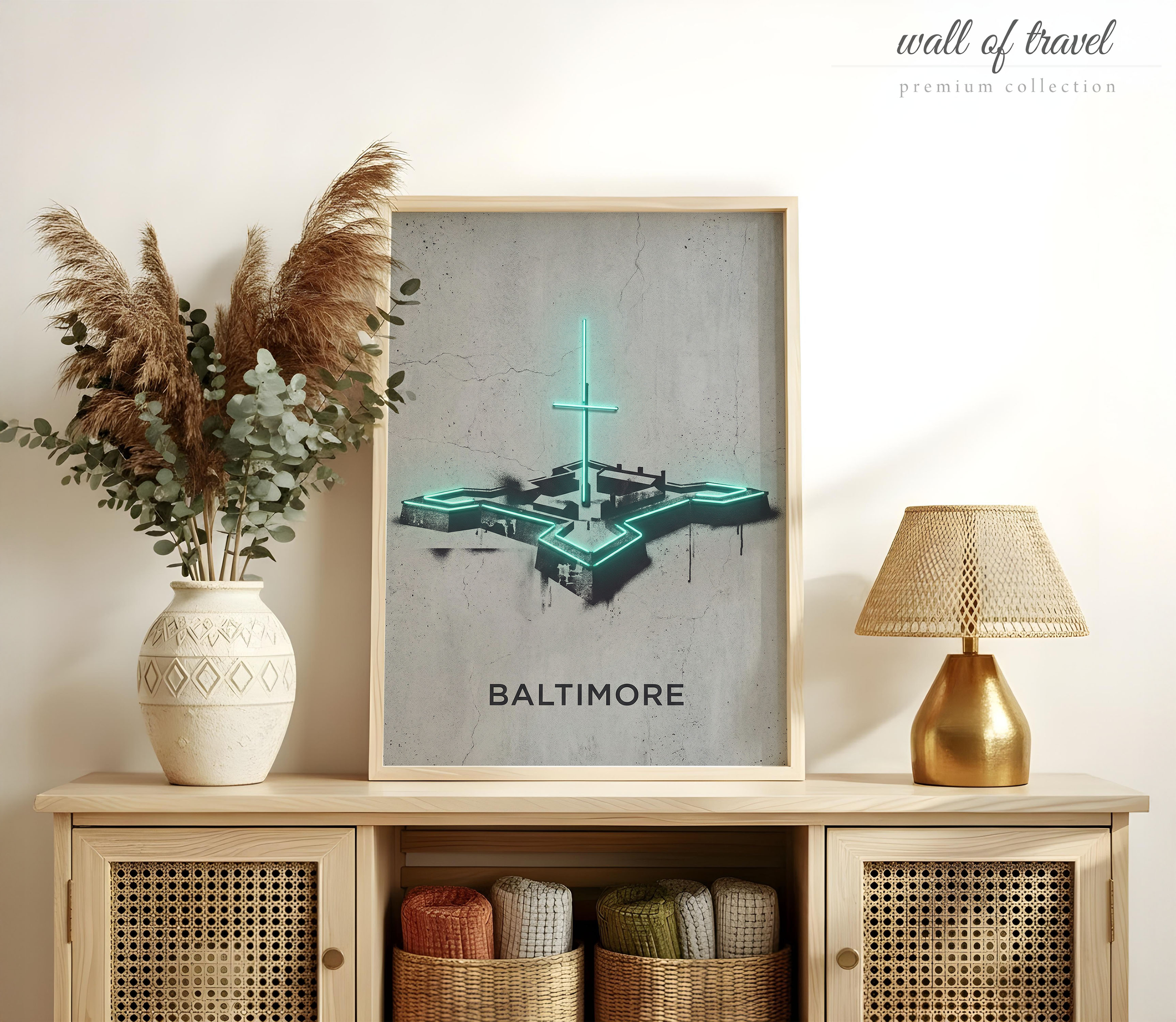Baltimore Maryland Inner Harbor Art, Canvas or Poster, Neon Paint Splash Decor, Living Room Office Game Room Wall Art, Teal Black Grey White