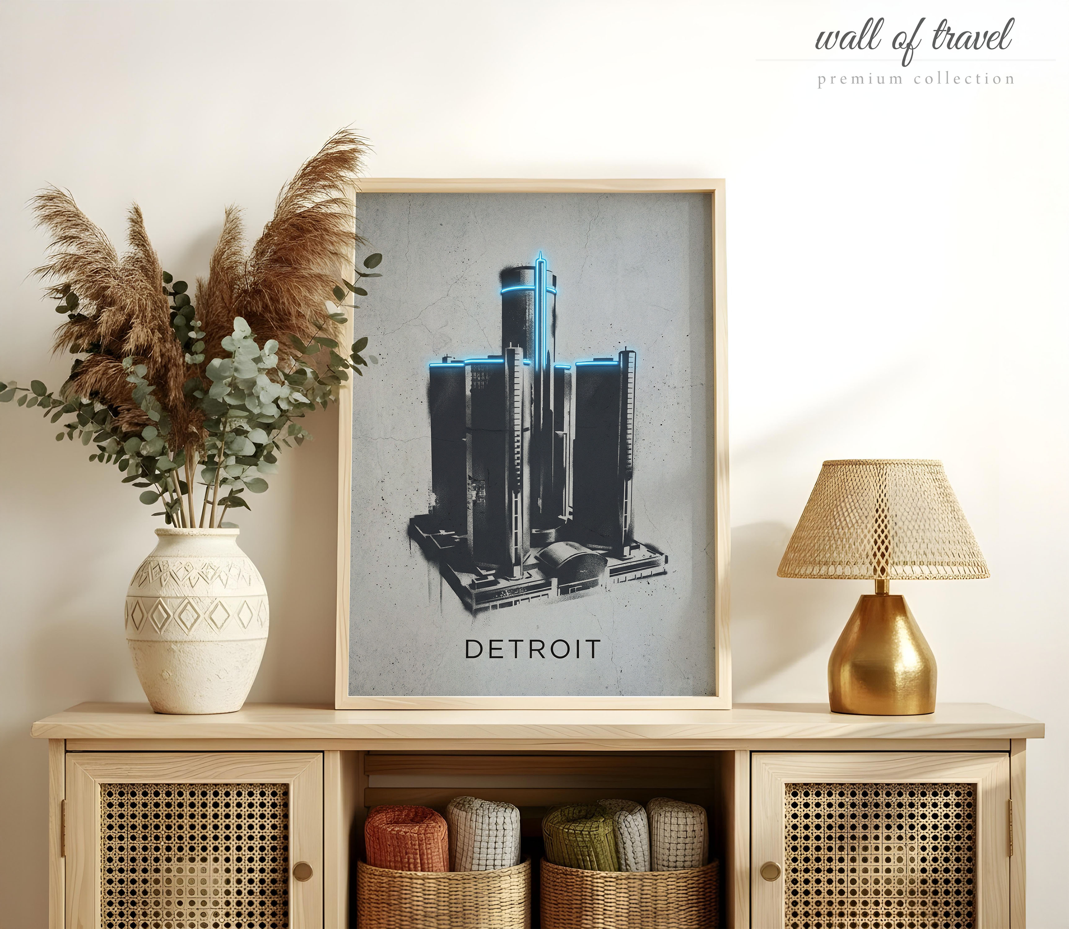 Detroit Michigan Renaissance Center Art, Canvas or Poster, Neon Paint Splash Decor, Living Room Office Den Wall Art, Blue Black Grey White
