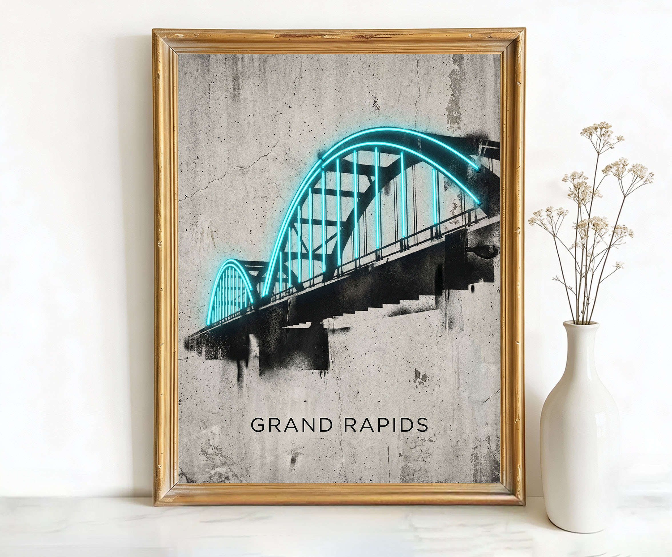 Grand Rapids Michigan Blue Neon Bridge Arches Art