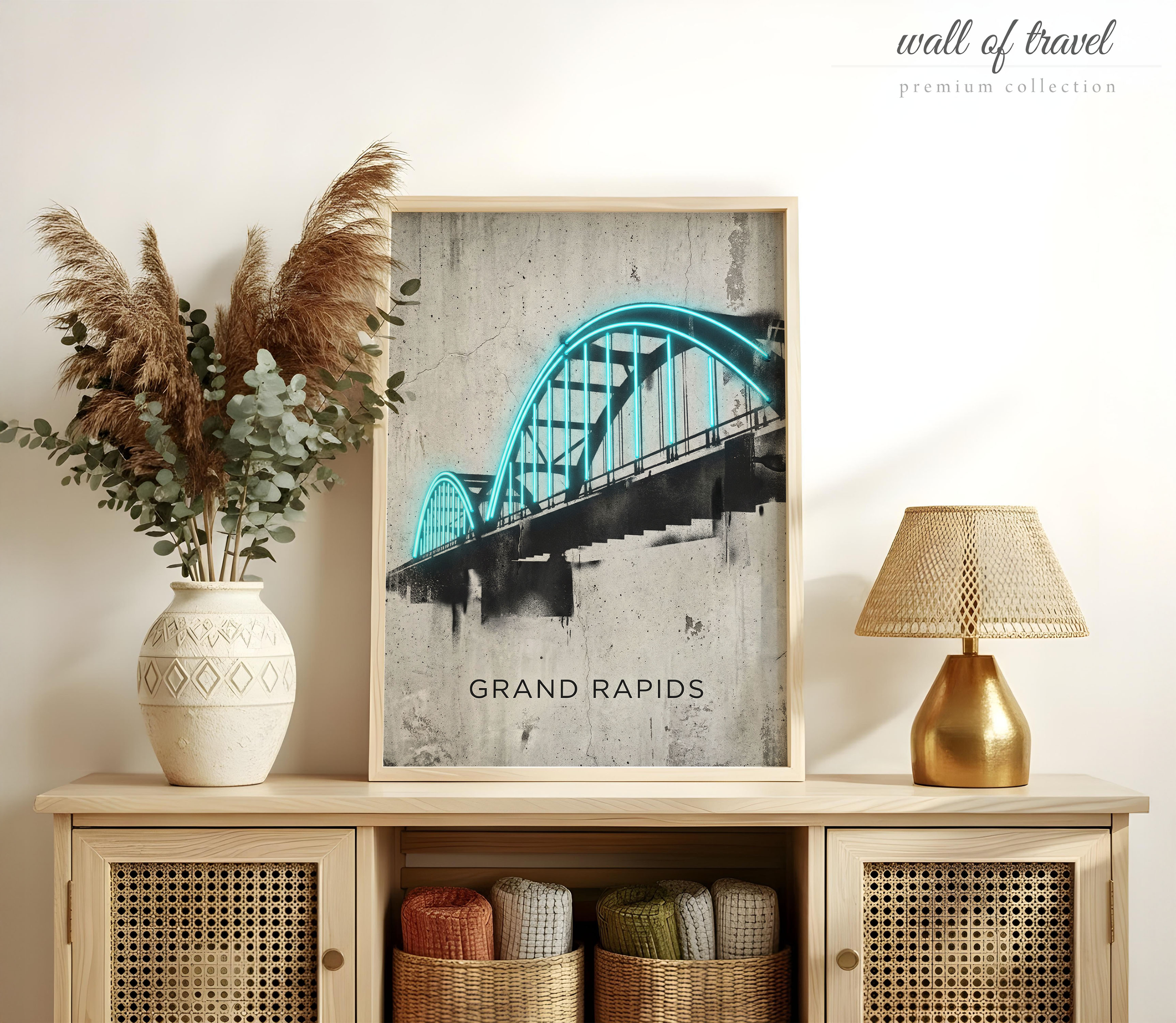 Grand Rapids Michigan Blue Neon Bridge Arches Art, Canvas or Poster, Neon Paint Splash Decor, Living Room Office Entryway Wall Art, Grey