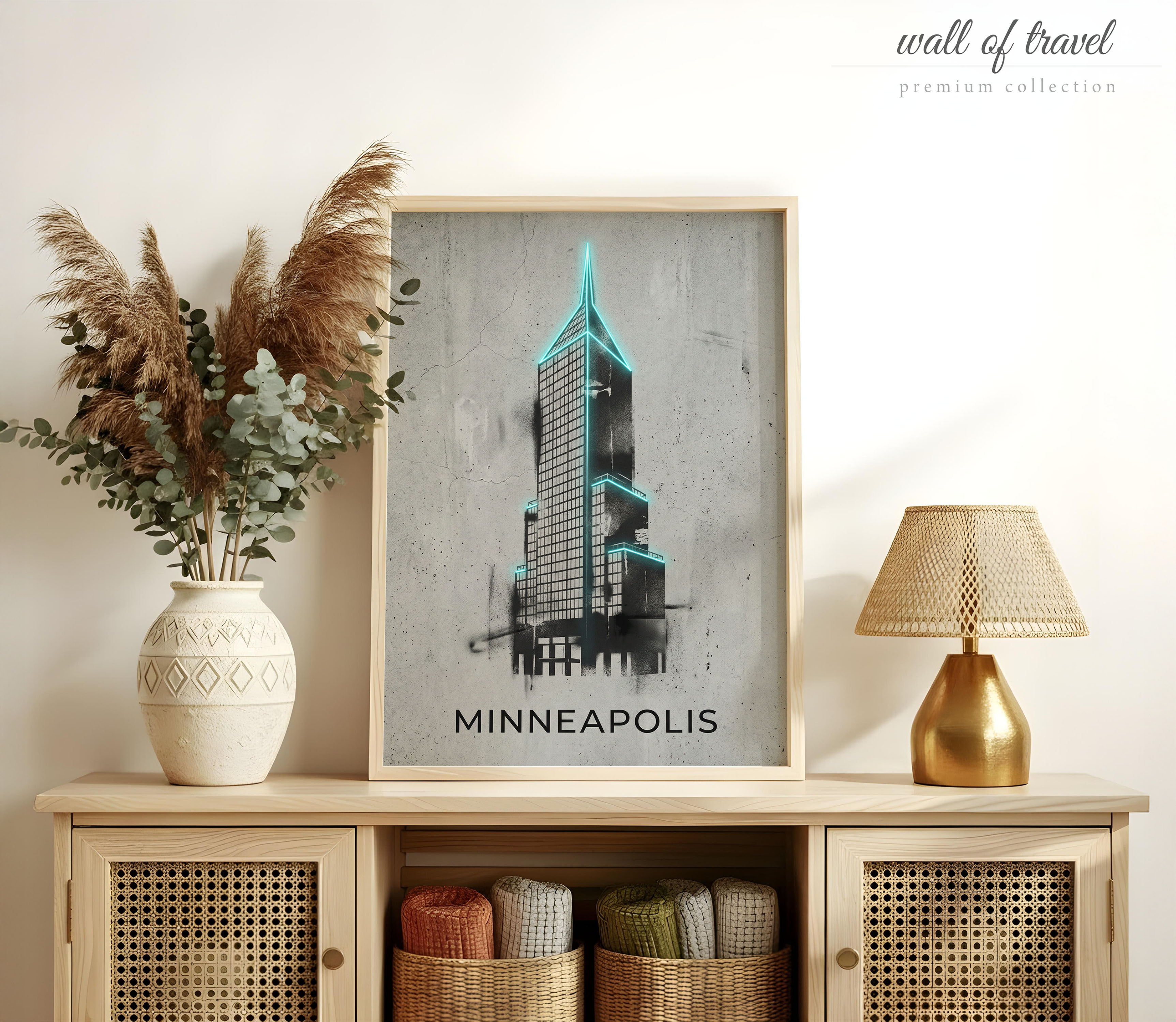 Minneapolis Minnesota IDS Center Art, Canvas or Poster, Neon Paint Splash Decor, Living Room Office Study Wall Art, Black Teal Grey White