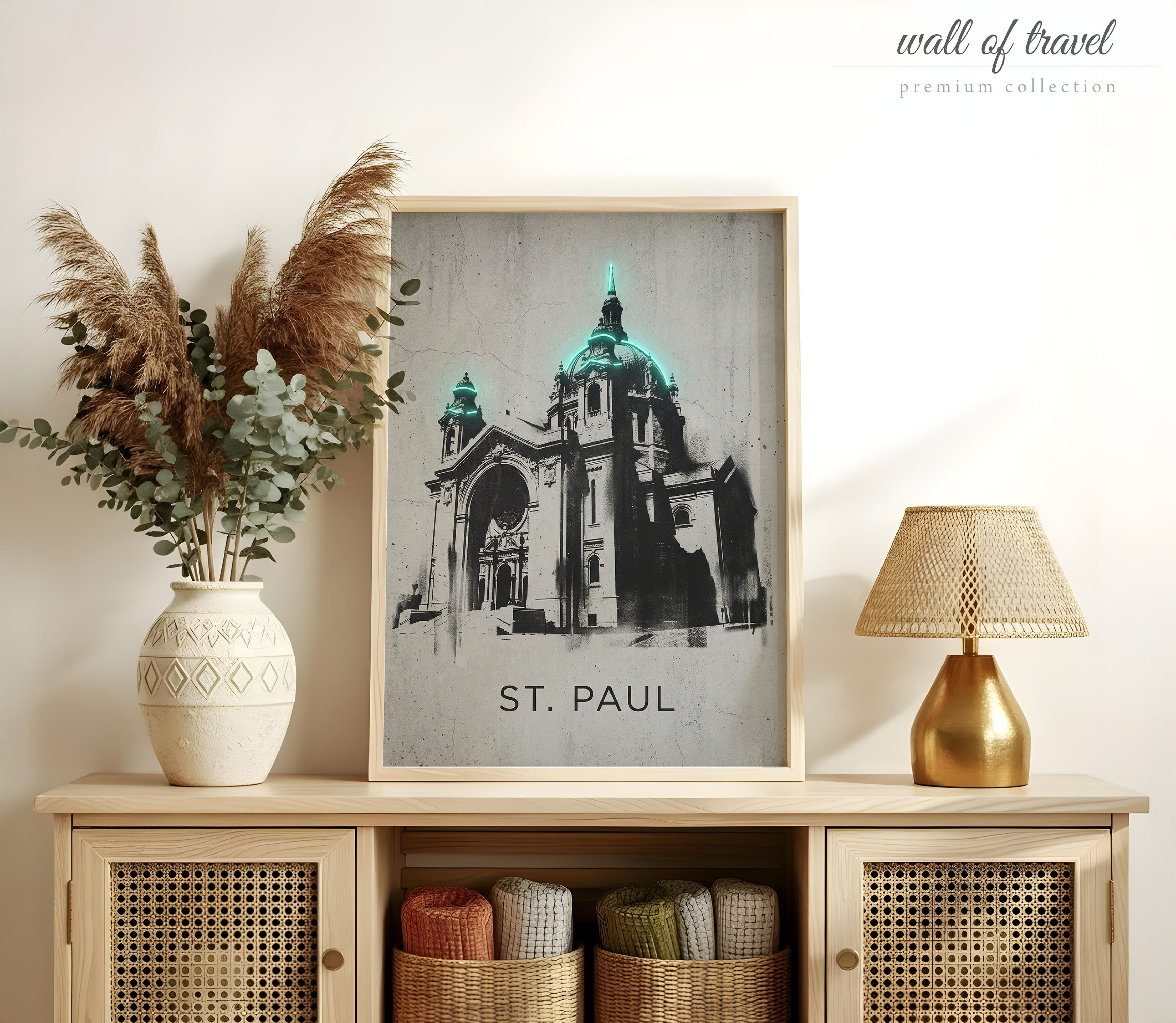 St. Paul Minnesota Cathedral of Saint Art, Canvas or Poster, Neon Paint Splash Decor, Living Room Office Entryway Wall Art, Grey Blue Black