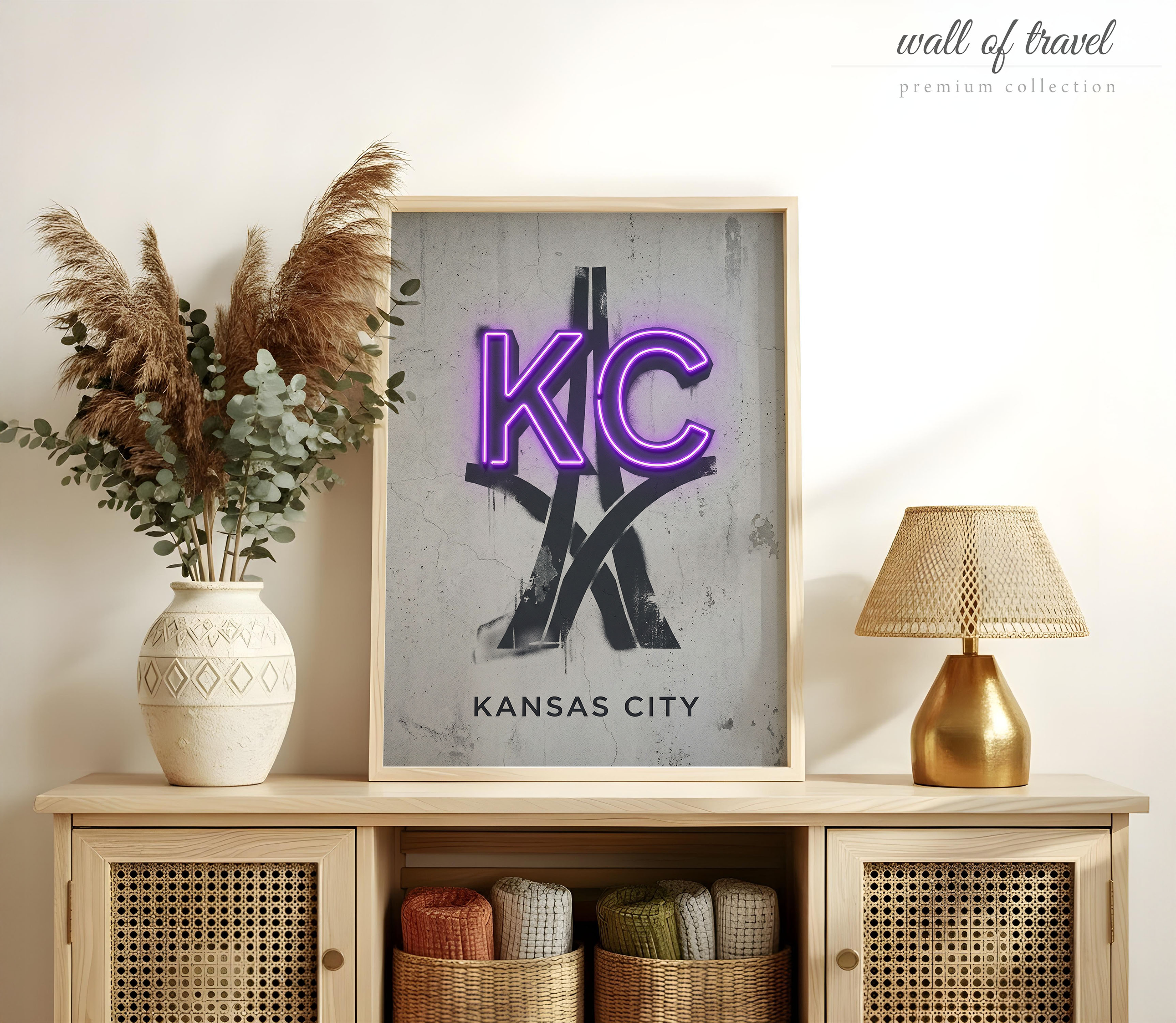 Kansas City Missouri KC Monogram Art, Canvas or Poster, Neon Paint Splash Decor, Living Room Office Entryway Wall Art, Purple Black Grey