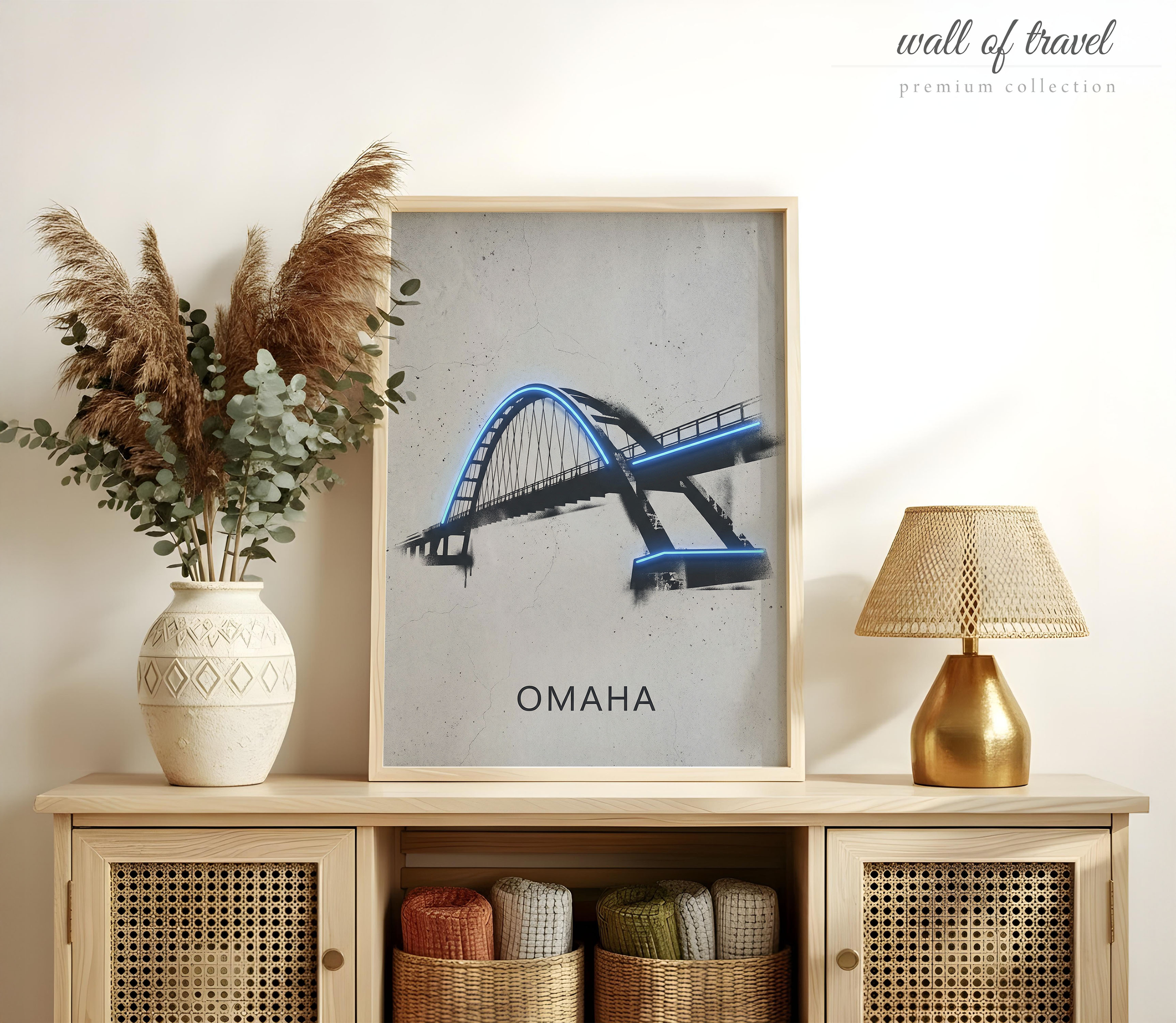 Omaha Nebraska Bob Kerrey Pedestrian Bridge Art, Canvas or Poster, Neon Paint Splash Decor, Living Room Office Entryway Wall Art, Blue Grey