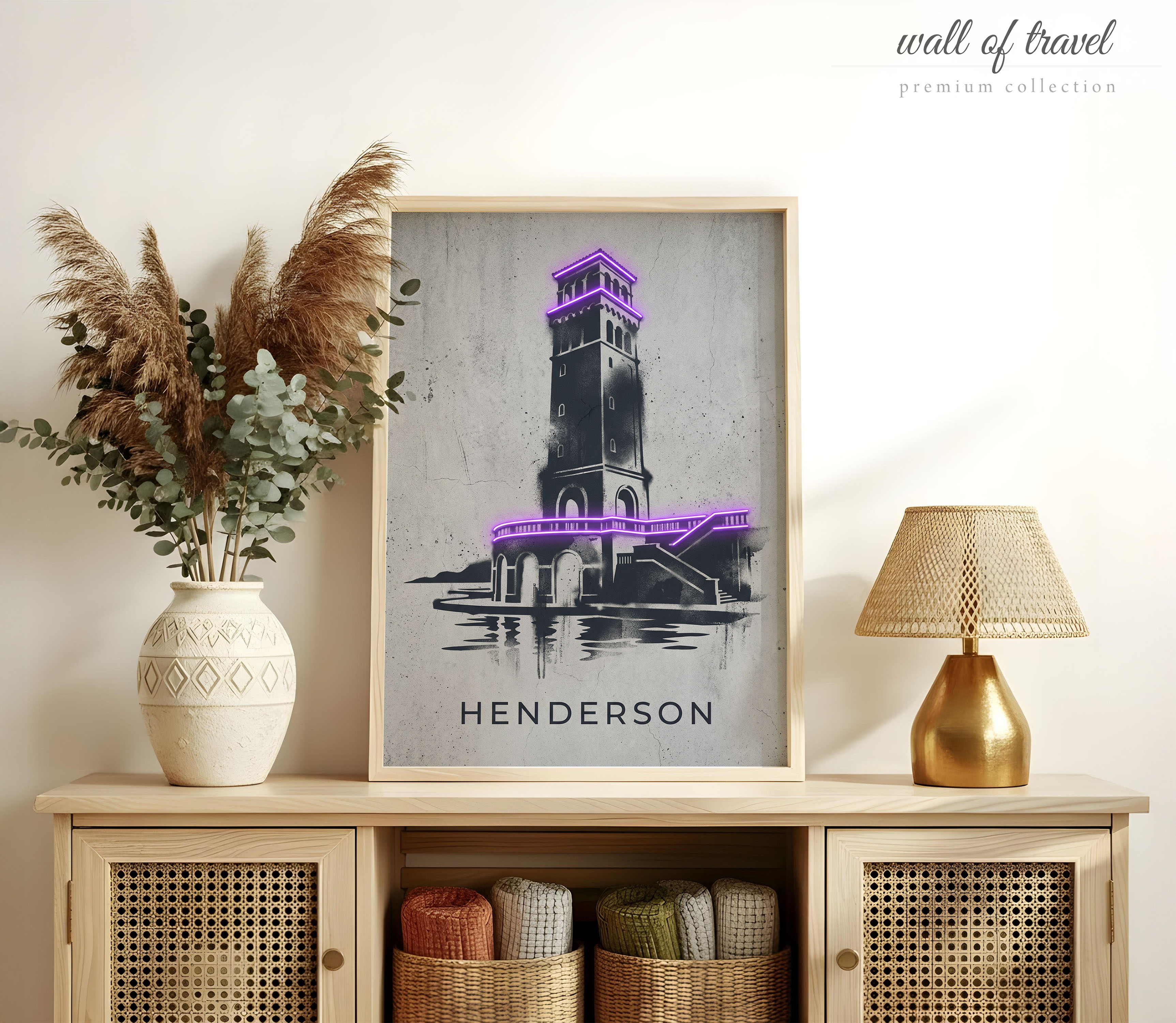 Henderson Nevada The Water Tower Art, Canvas or Poster, Neon Paint Splash Decor, Living Room Office Entryway Wall Art, Purple Black Grey