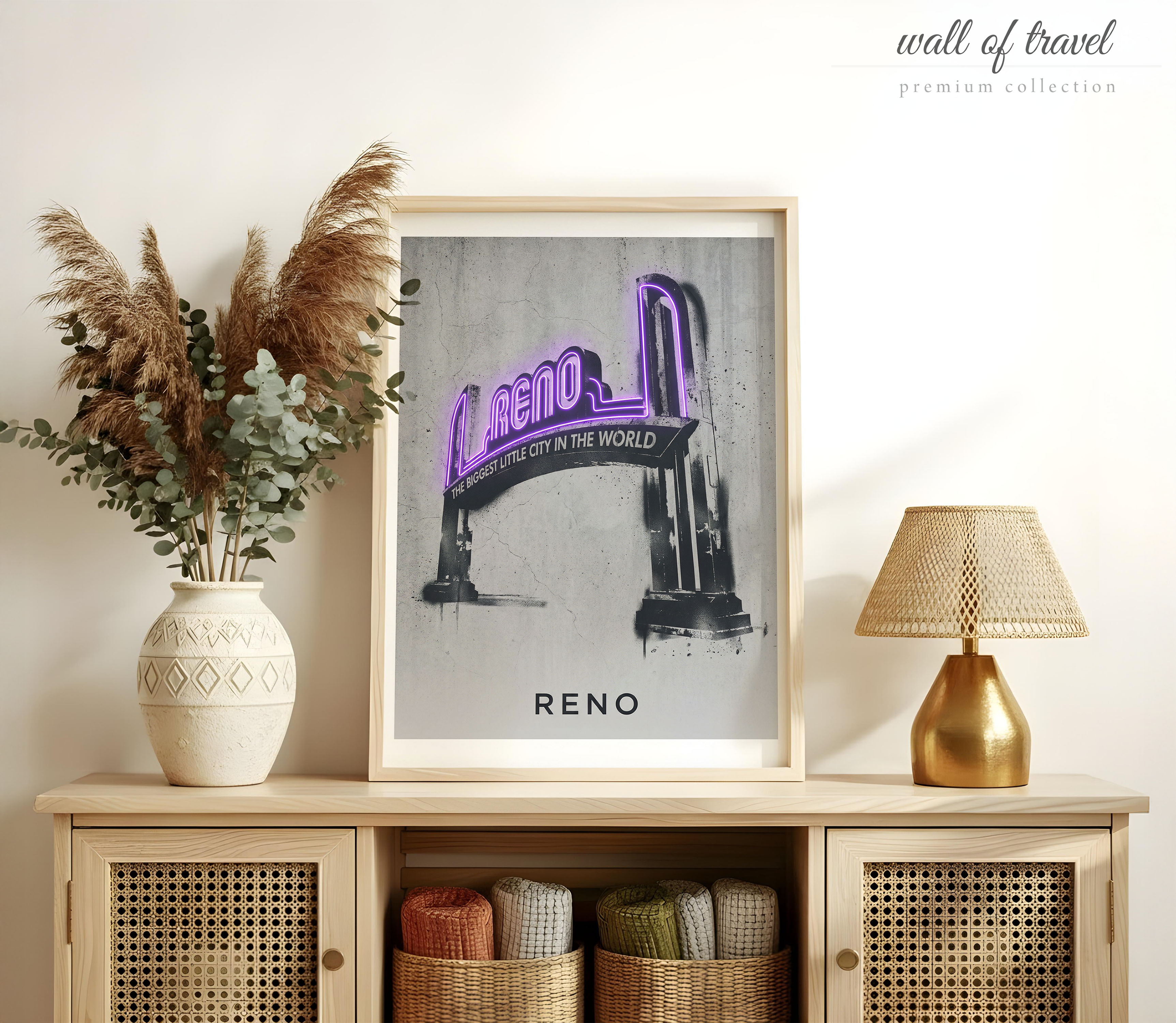 Reno Nevada Arch Art, Canvas or Poster, Neon Paint Splash Decor, Living Room Game Room Home Bar Restaurant Wall Art, Purple Black White Grey