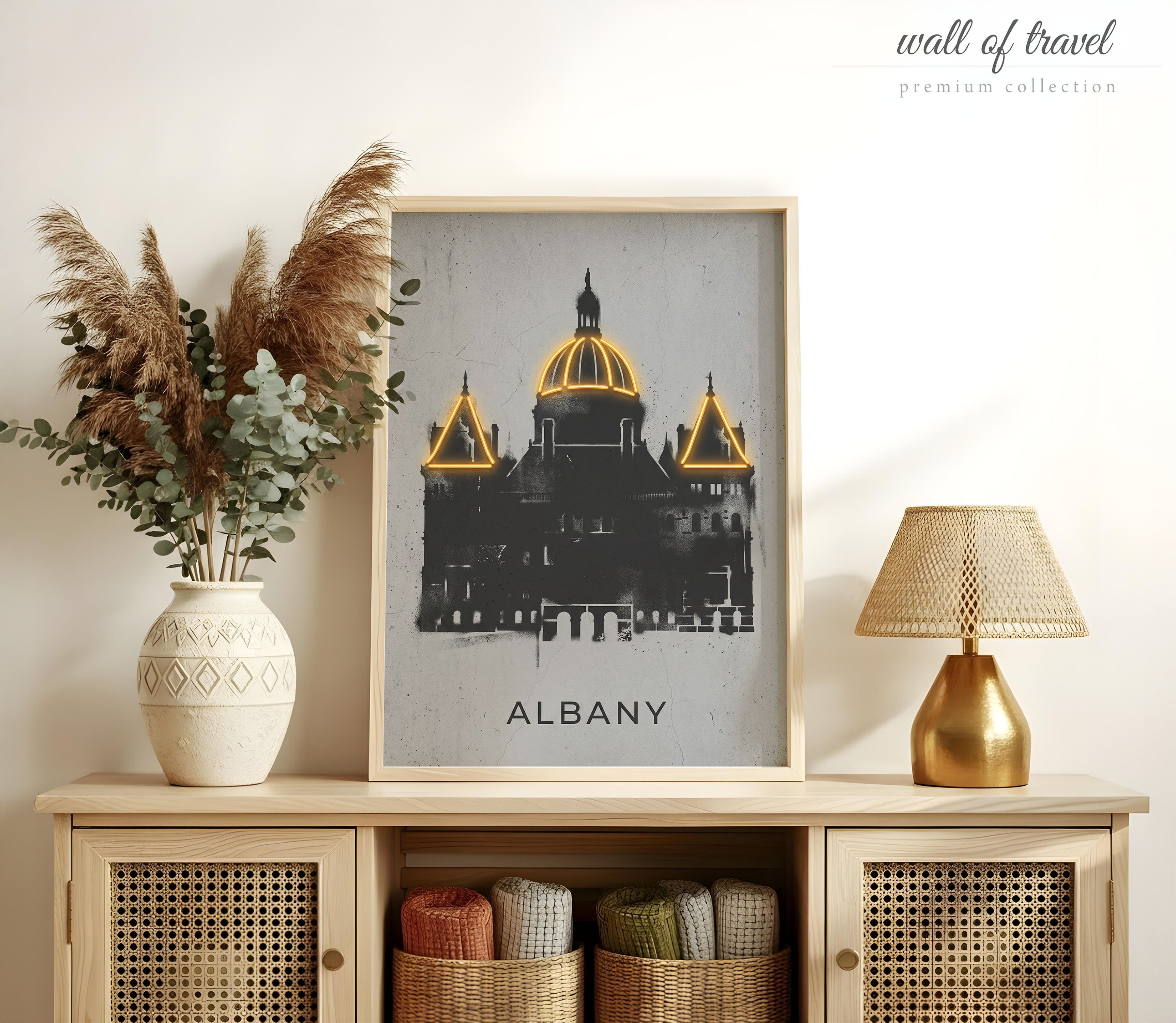 Albany New York State Capitol Building Art, Canvas or Poster, Neon Paint Splash Decor, Living Room Office Entryway Wall Art, Gold Grey Black