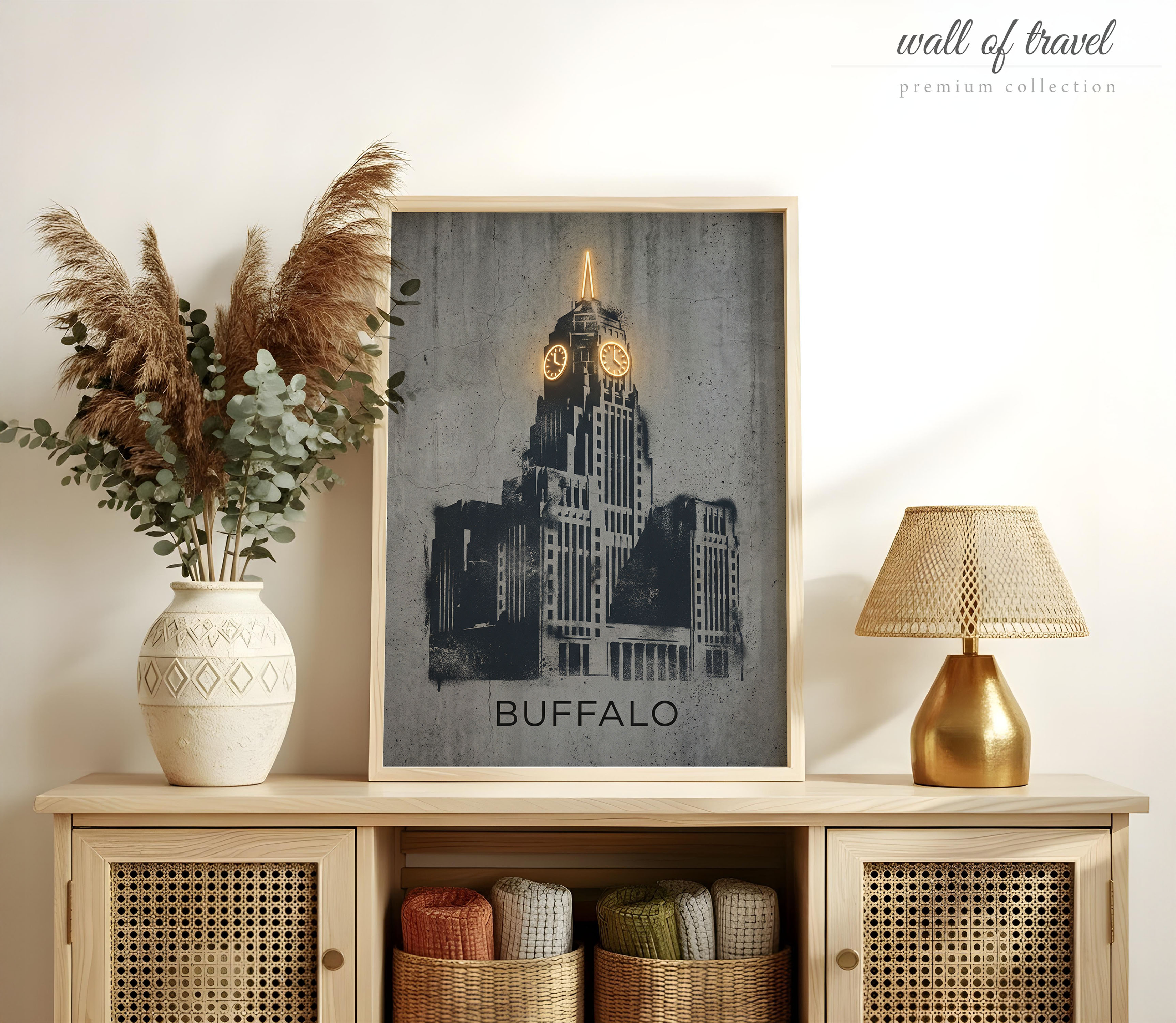 Buffalo New York City Hall Tower Art, Canvas or Poster, Street Art Banknote Decor, Office Living Room Den Wall Art, Gold Black Grey White