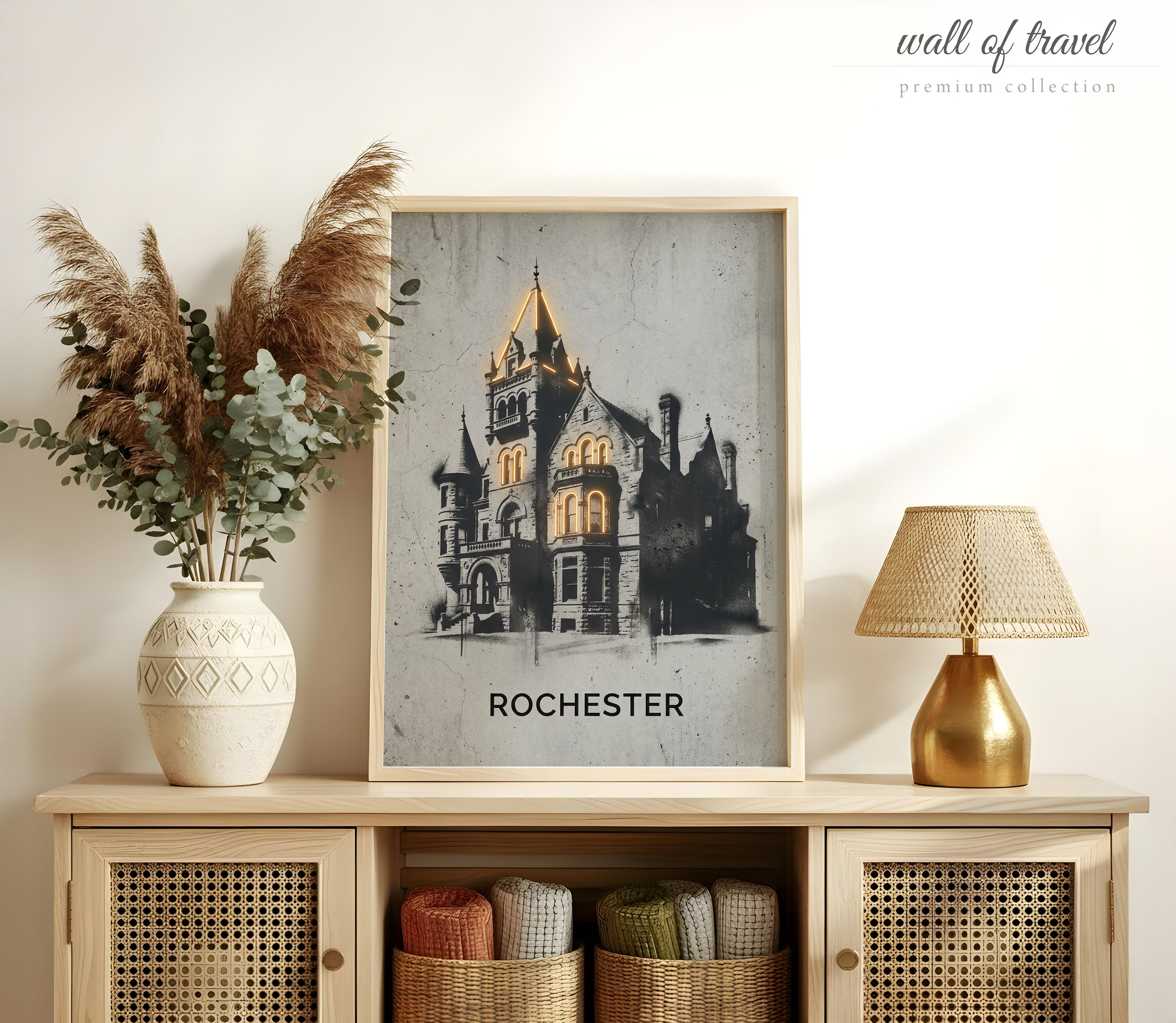 Rochester New York Corn Hill House Ruins Art, Canvas or Poster, Neon Paint Splash Decor, Living Room Entryway Home Bar Wall Art, Black Grey