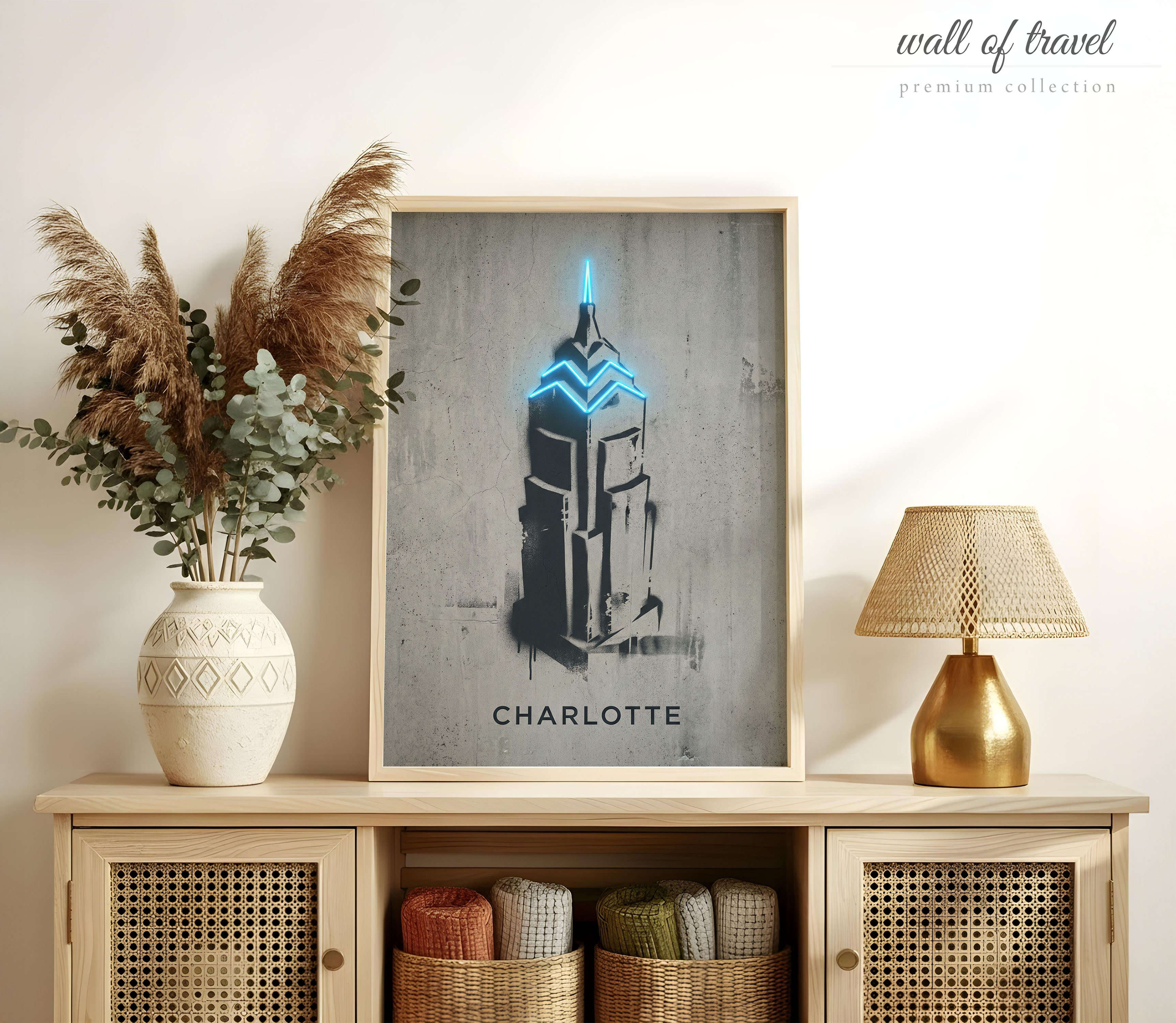 Charlotte North Carolina Center City Tower Art, Canvas or Poster, Neon Paint Splash Decor, Living Room Office Entryway Wall Art, Blue Grey